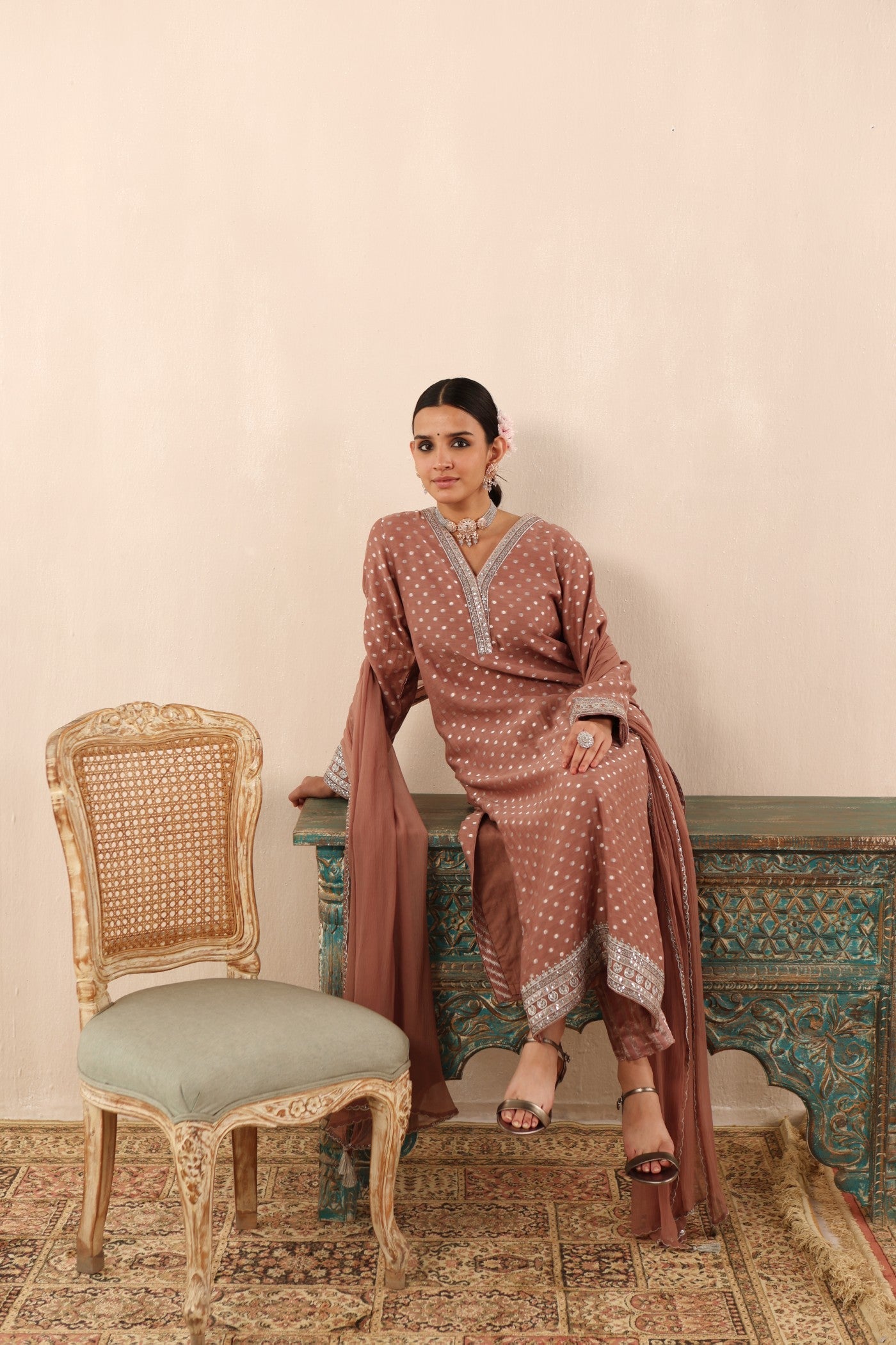 Cocoa-Brown Embroidered Pure Silk-Cotton With Polka Dots Kurta-Pants Set