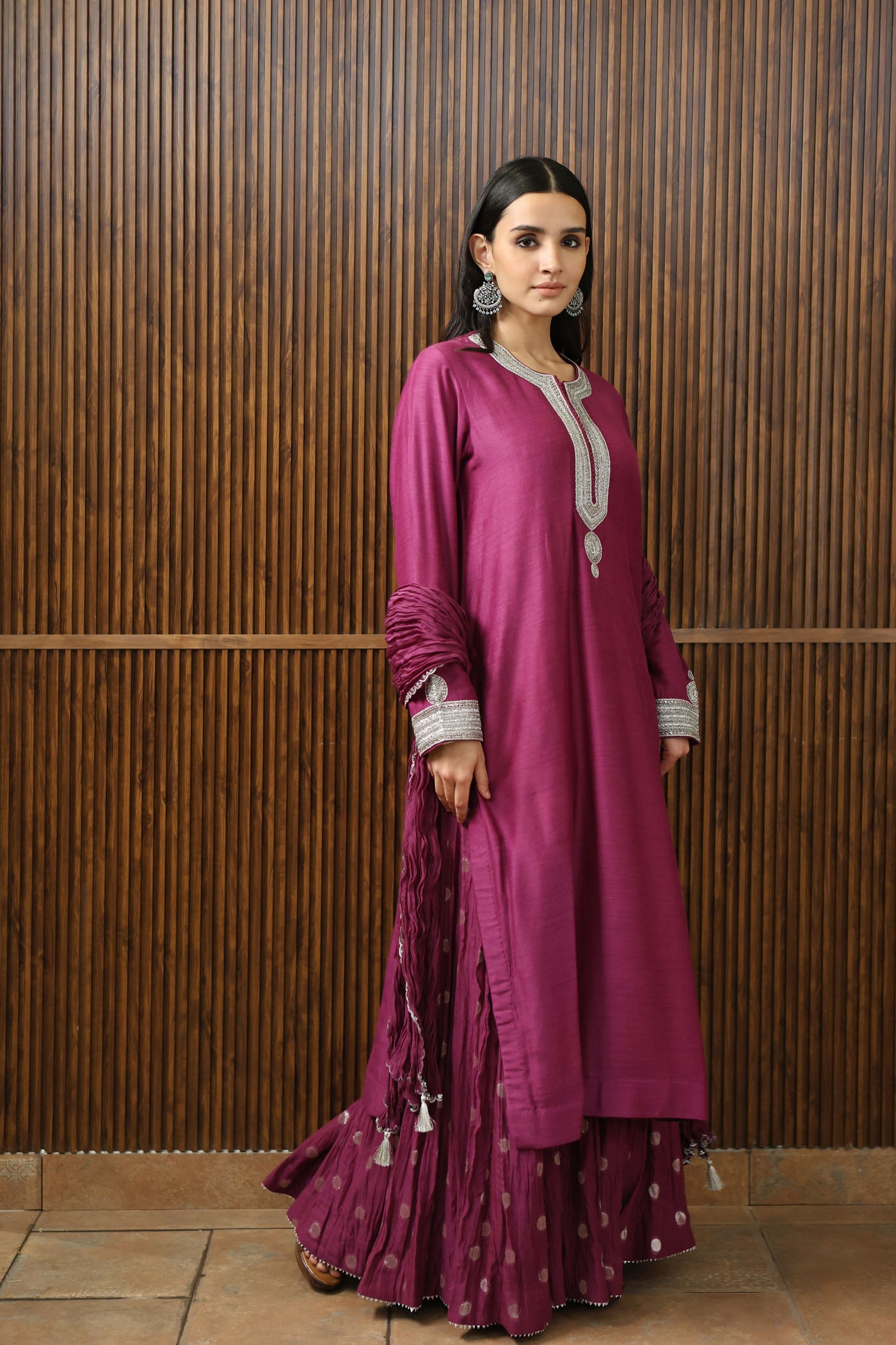 PURPLE HAND-EMBROIDERED PURE MUGA-SILK LONG-KURTA WITH CRUSHED PURE SILK-COTTON (METALLIC POLKA DOTS) SHARARA SET