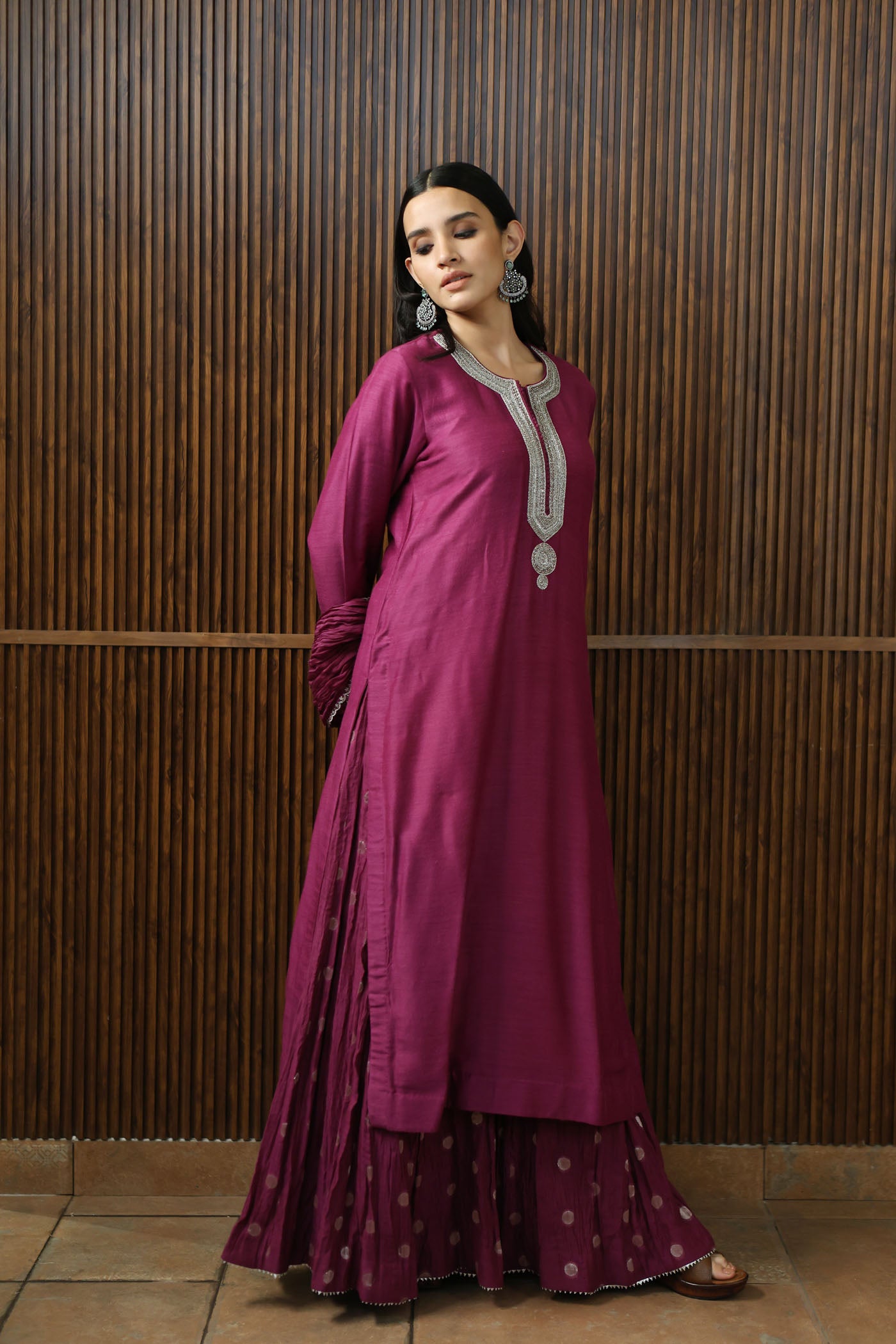 PURPLE HAND-EMBROIDERED PURE MUGA-SILK LONG-KURTA WITH CRUSHED PURE SILK-COTTON (METALLIC POLKA DOTS) SHARARA SET