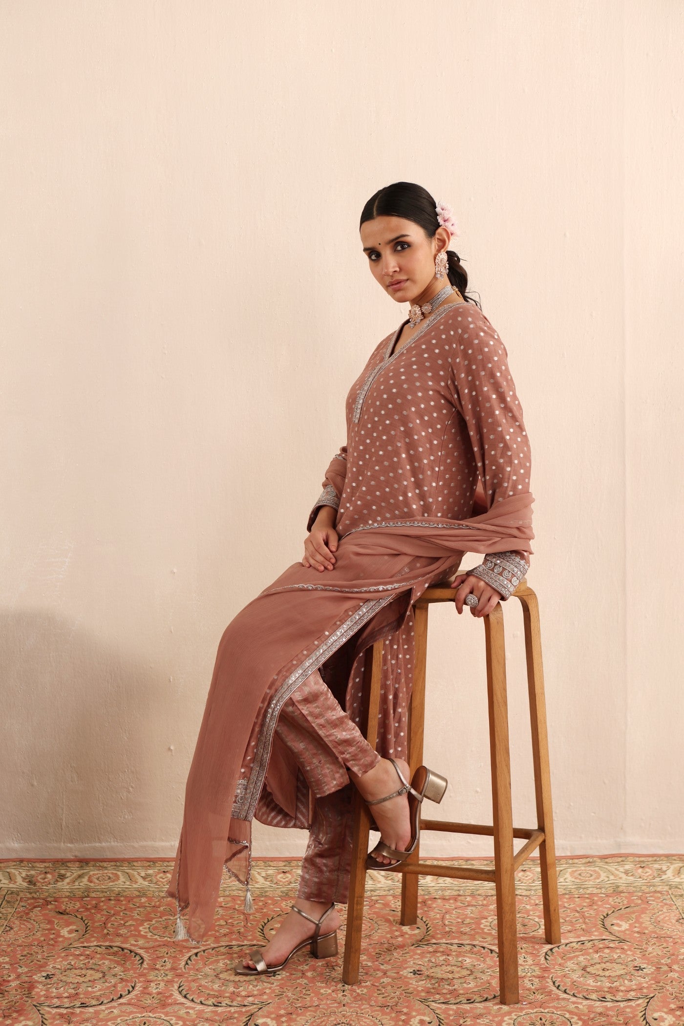 Cocoa-Brown Embroidered Pure Silk-Cotton With Polka Dots Kurta-Pants Set