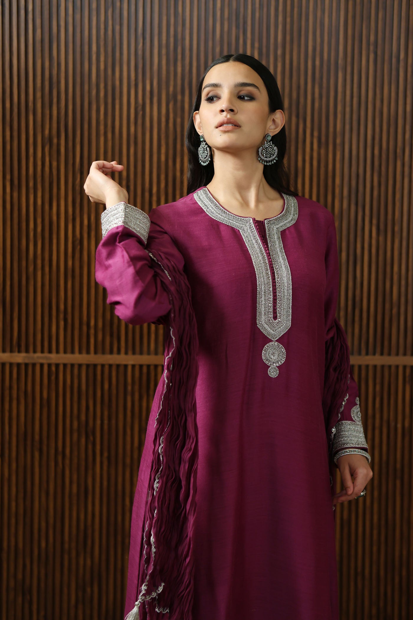 PURPLE HAND-EMBROIDERED PURE MUGA-SILK LONG-KURTA WITH CRUSHED PURE SILK-COTTON (METALLIC POLKA DOTS) SHARARA SET