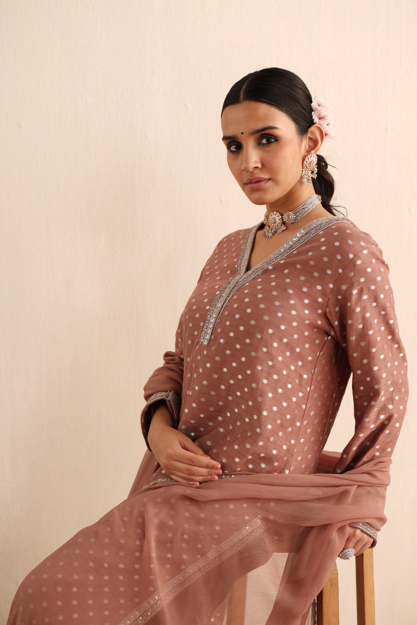 Cocoa-Brown Embroidered Pure Silk-Cotton With Polka Dots Kurta-Pants Set