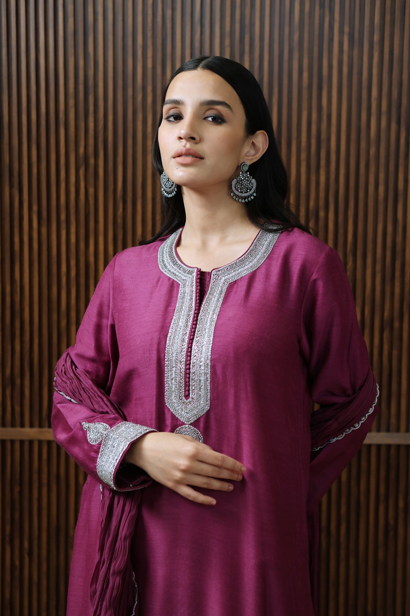PURPLE HAND-EMBROIDERED PURE MUGA-SILK LONG-KURTA WITH CRUSHED PURE SILK-COTTON (METALLIC POLKA DOTS) SHARARA SET