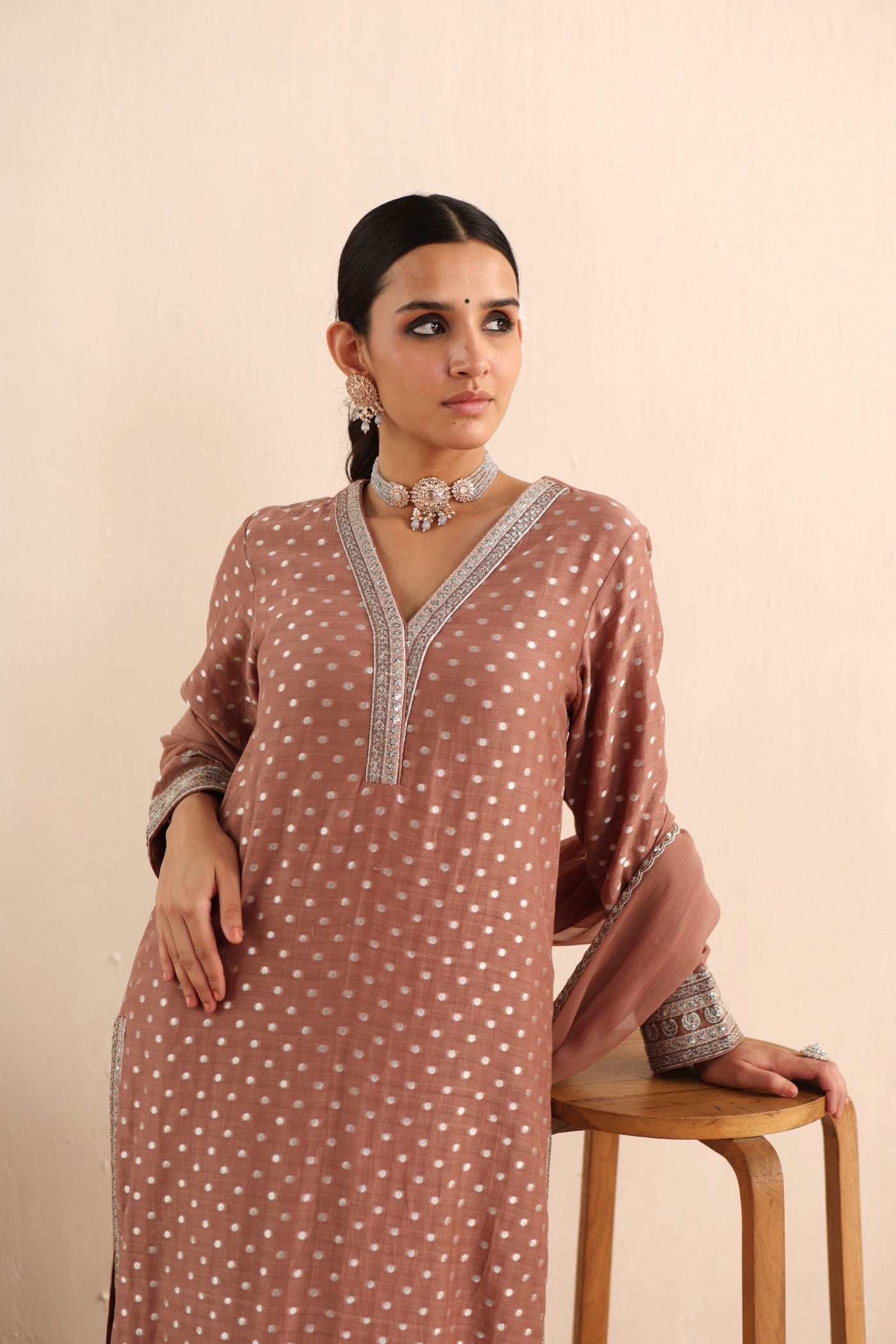 Cocoa-Brown Embroidered Pure Silk-Cotton With Polka Dots Kurta-Pants Set
