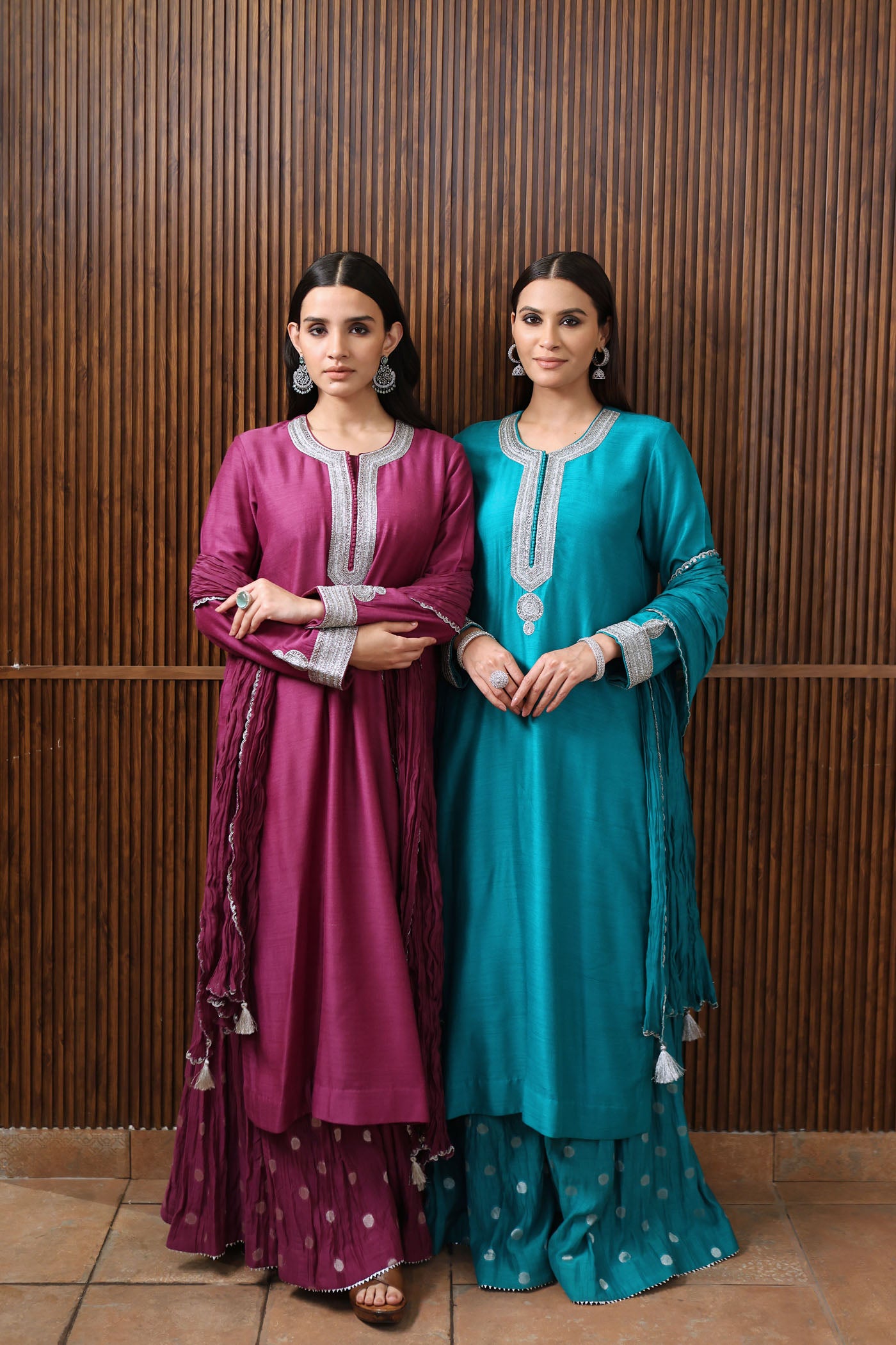 PURPLE HAND-EMBROIDERED PURE MUGA-SILK LONG-KURTA WITH CRUSHED PURE SILK-COTTON (METALLIC POLKA DOTS) SHARARA SET