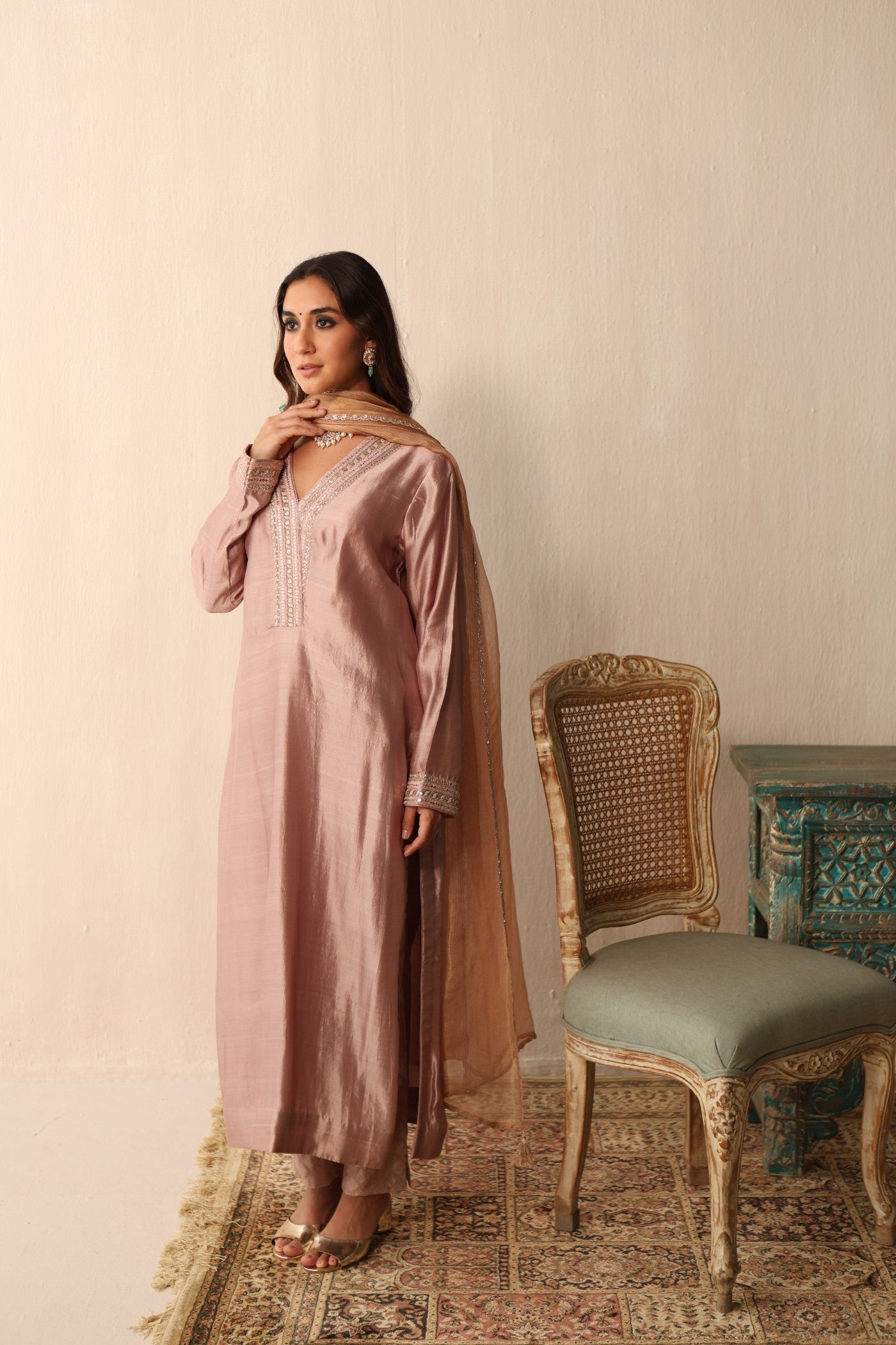 Old-Rose Embroidered Pure Silk Long-Kurta Paired With Pure Silk-Cotton With Metallic Weave Pants Set