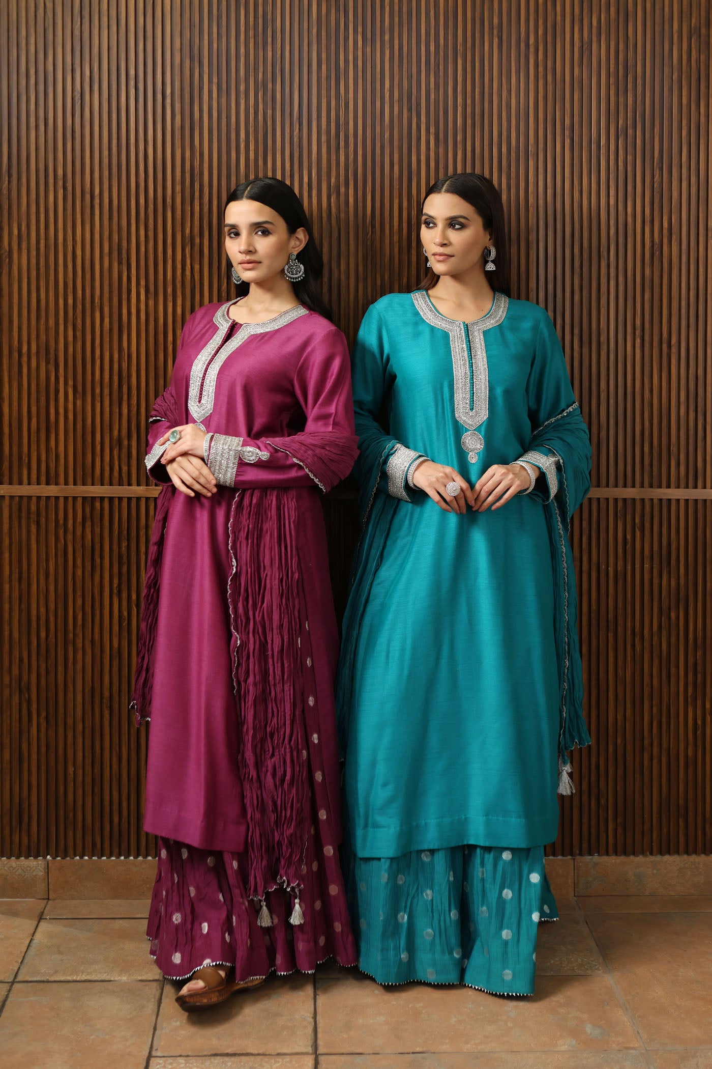 Peacock Blue-Embroidered Pure Muga-Silk Short-Kurta With Crushed Pure Silk-Cotton (Metallic Polka Dots) Sharara Set