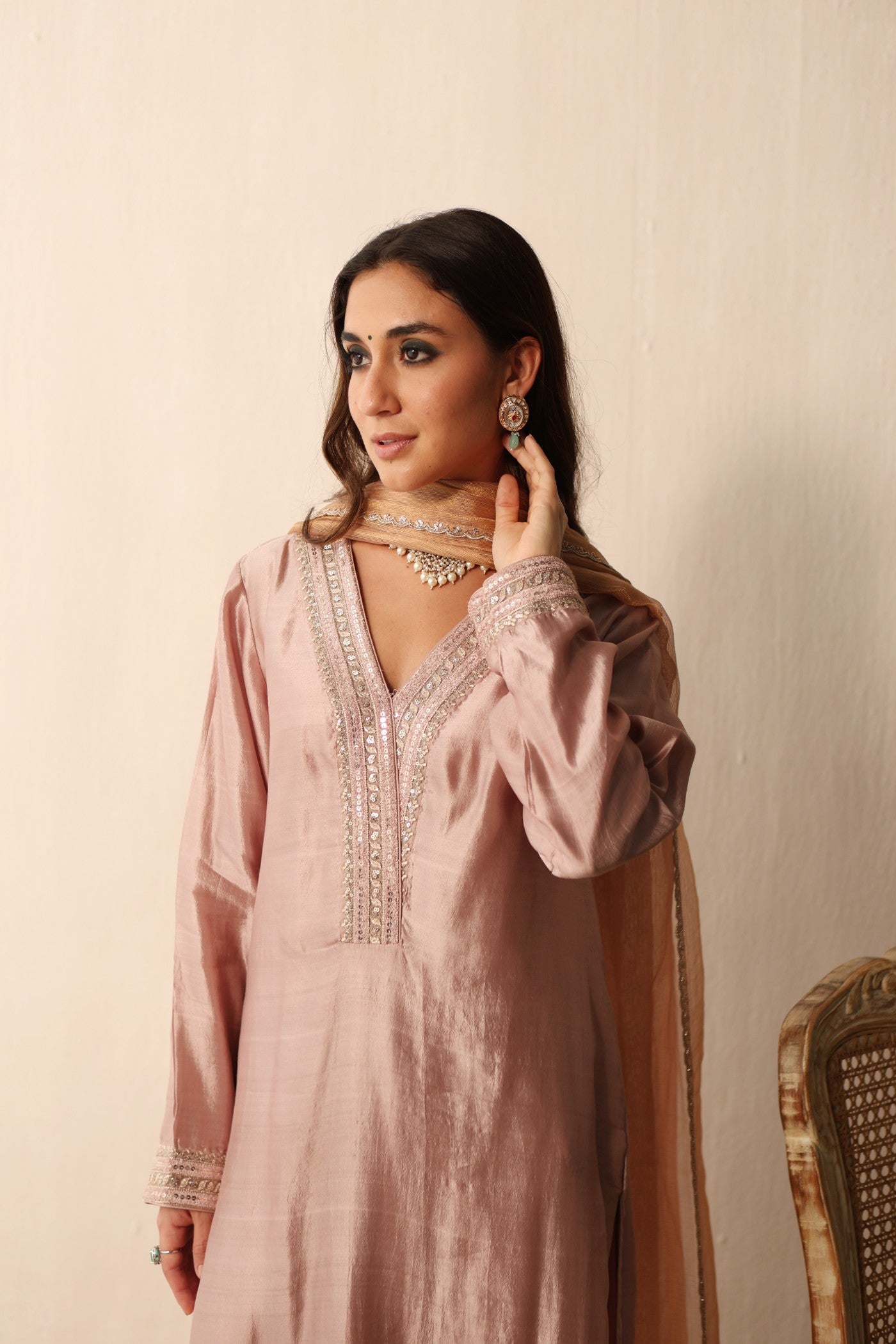 Old-Rose Embroidered Pure Silk Long-Kurta Paired With Pure Silk-Cotton With Metallic Weave Pants Set