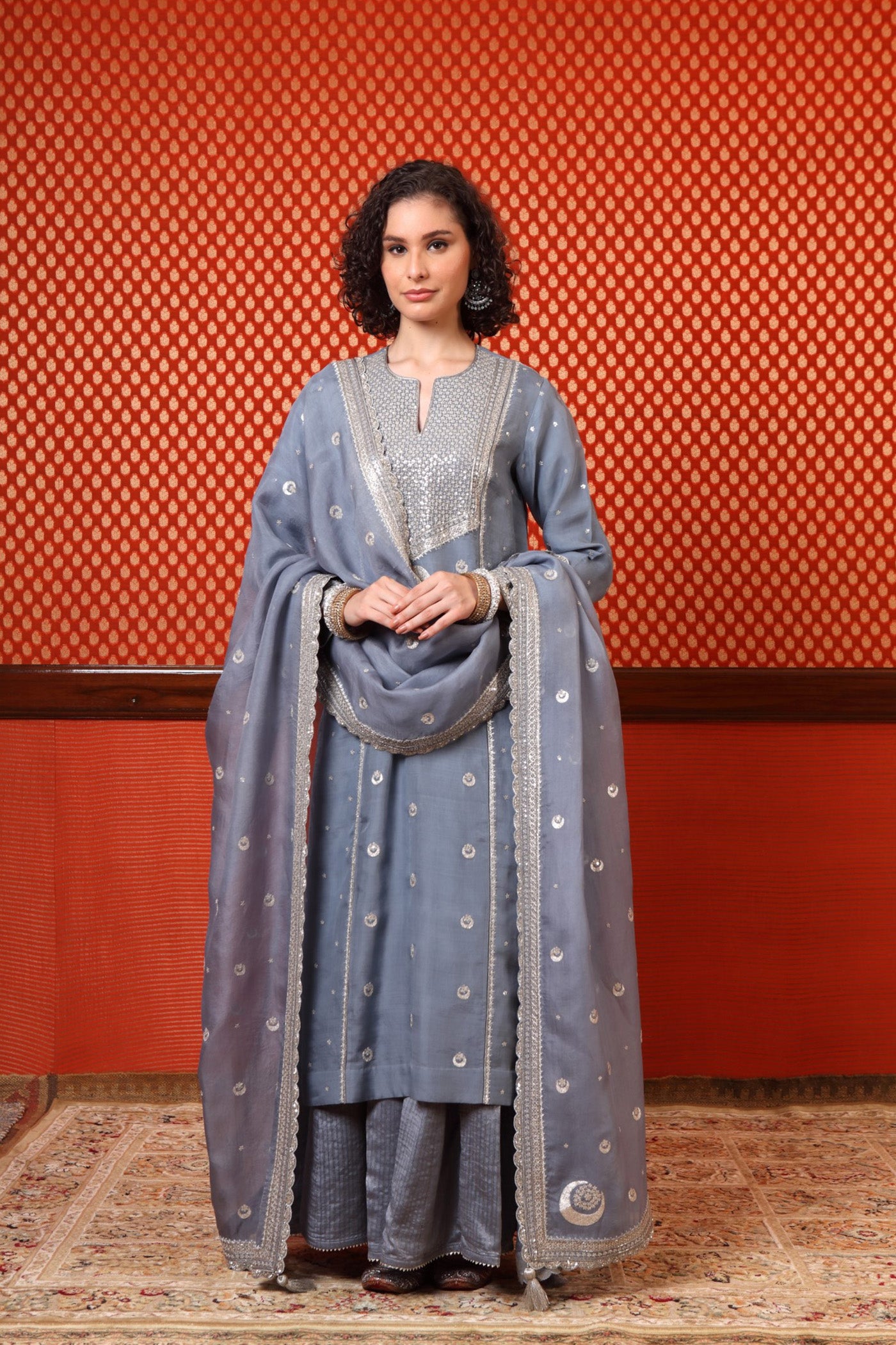 Hand Embroidered Shadow Blue Pure Katan Silk Chand Buta Kurta Sharara Set (B)