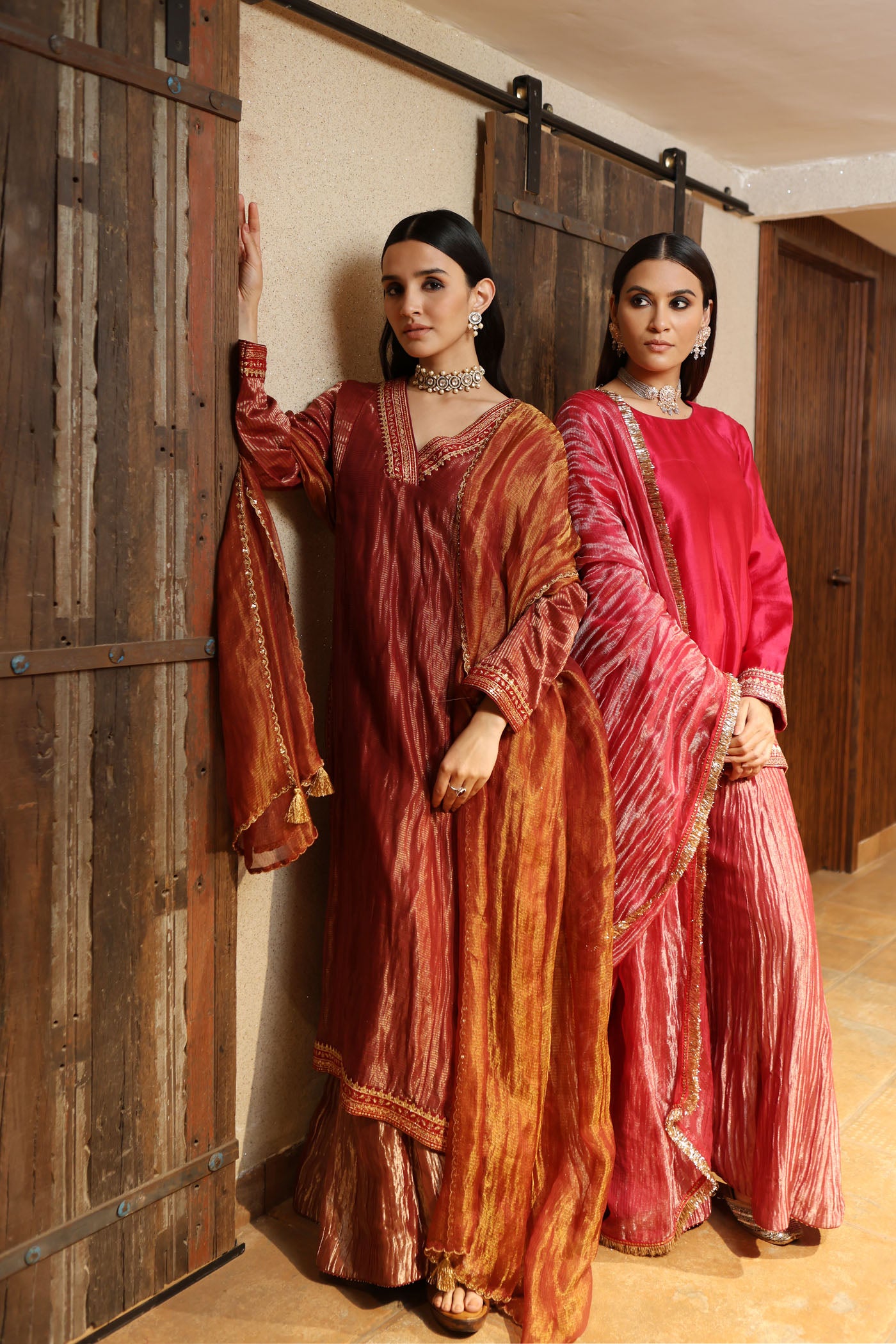 MAROON HAND-EMBROIDERED PURE SILK WITH METALLIC STRIPES KURTA PAIRED WITH PURE SILK TISSUE SHARARA & DUPATTA SET