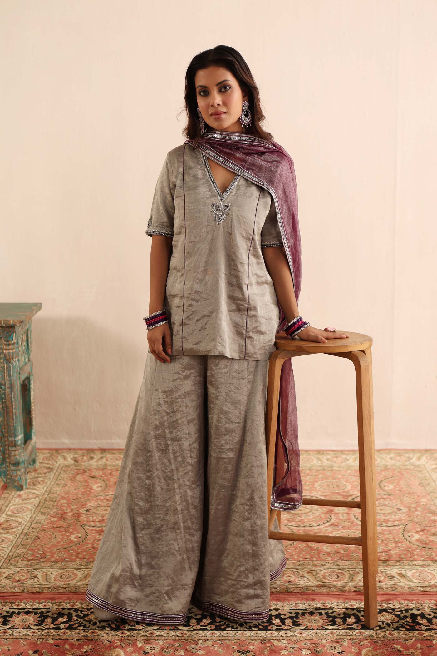 A Silver Handloom Pure Metallic-Silk (Silver Tissue) Hand-Embroidered Short-Kurta-Sharara Set With Purple Pure Kota-Silk Dupatta
