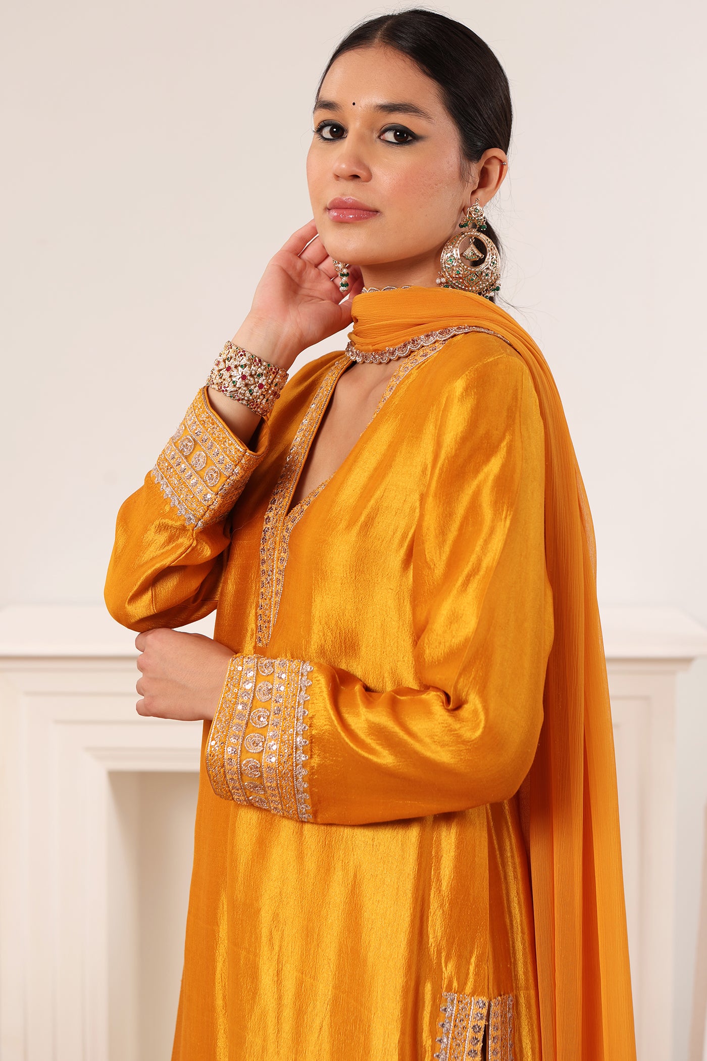 Mustard-Orange Embroidered Pure Silk Kurta-Pants Set