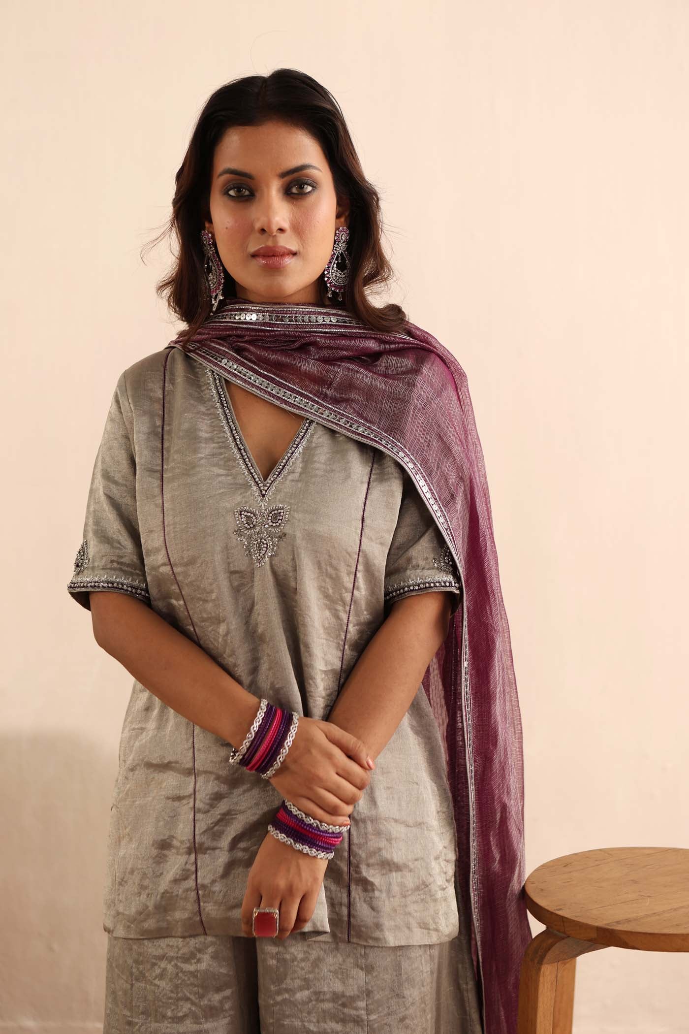 A Silver Handloom Pure Metallic-Silk (Silver Tissue) Hand-Embroidered Short-Kurta-Sharara Set With Purple Pure Kota-Silk Dupatta