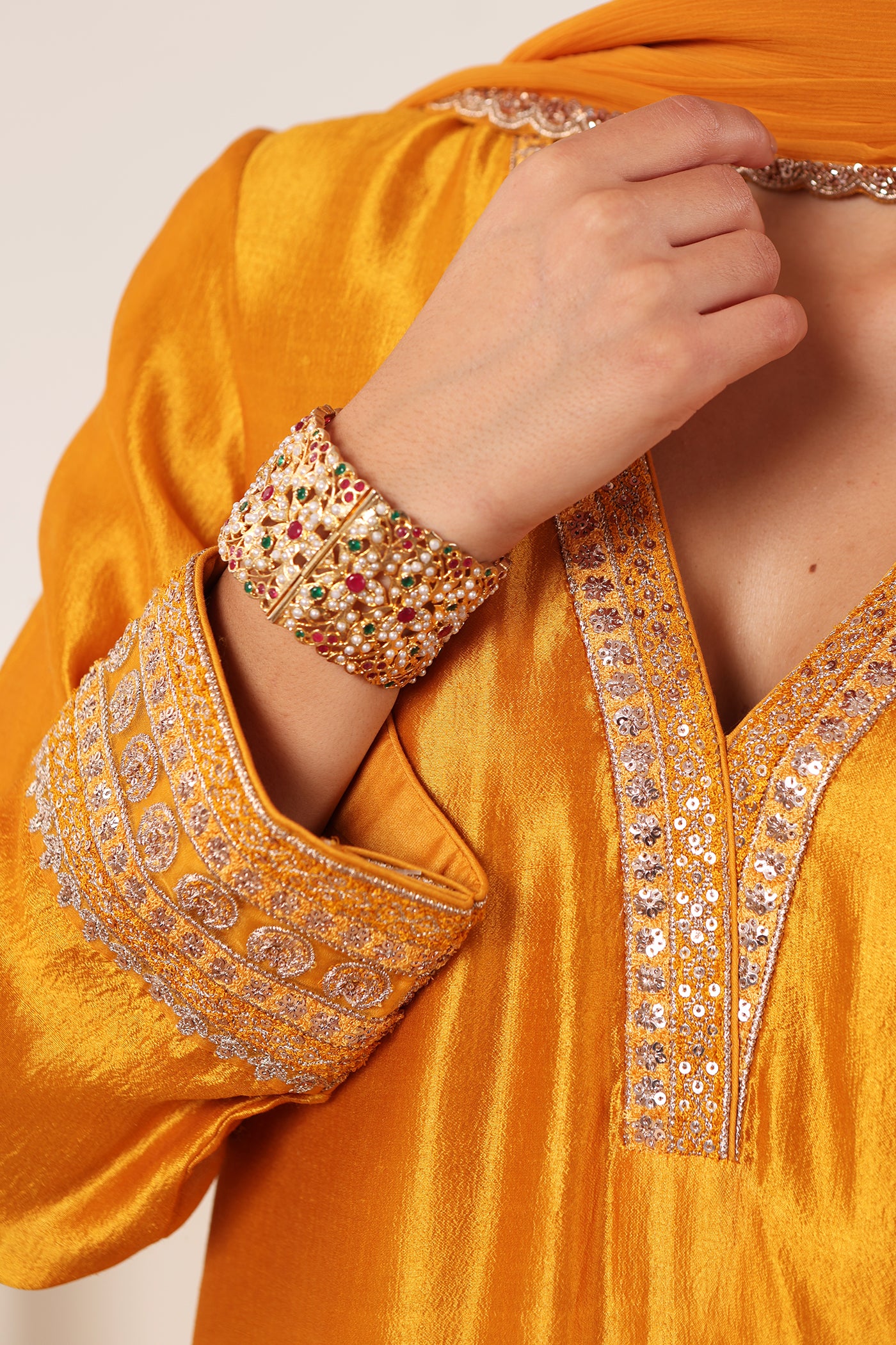 Mustard-Orange Embroidered Pure Silk Kurta-Pants Set