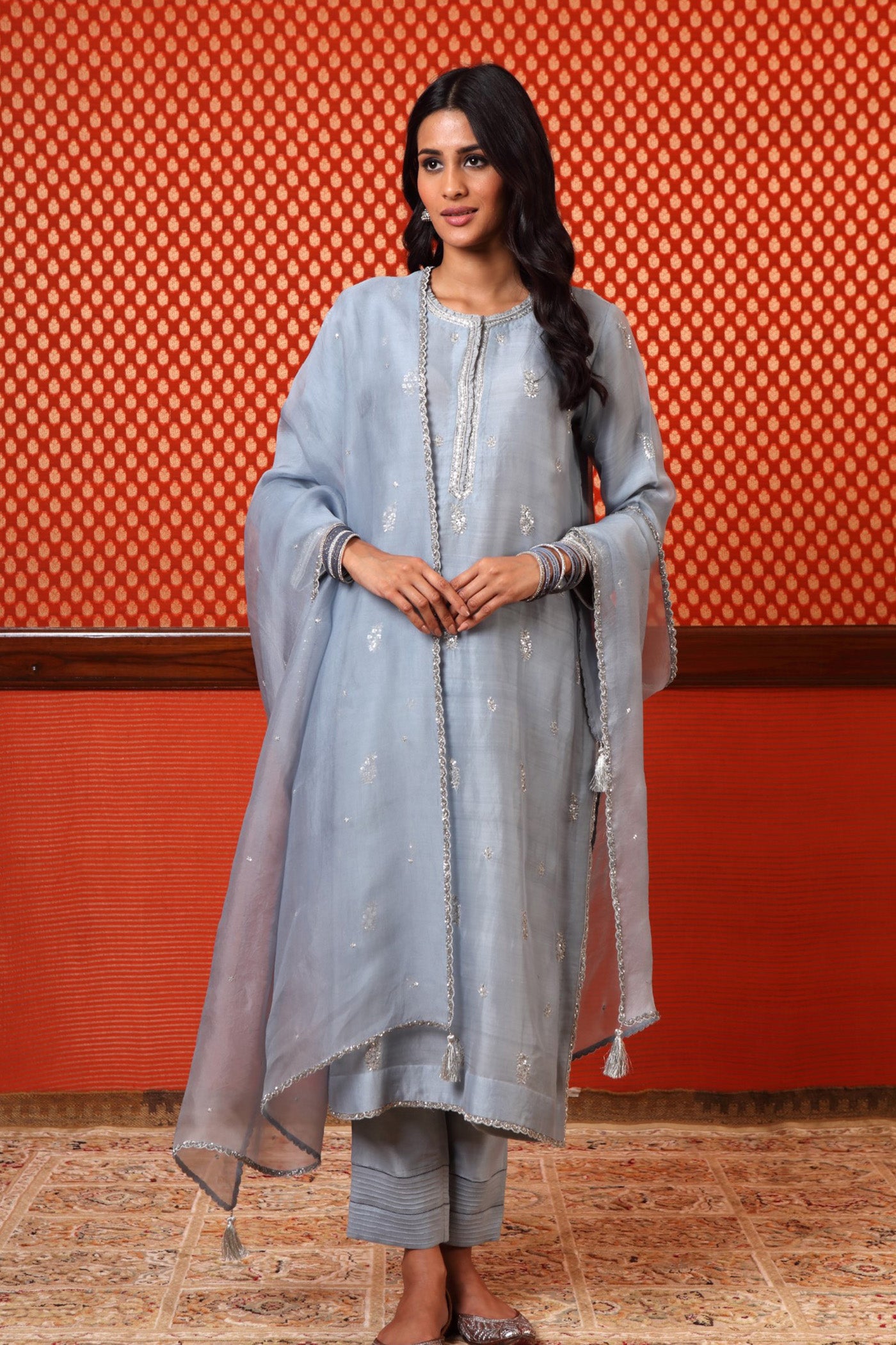 Hand Embroidered Stone Blue Pure Katan Silk Kurta Pants Set