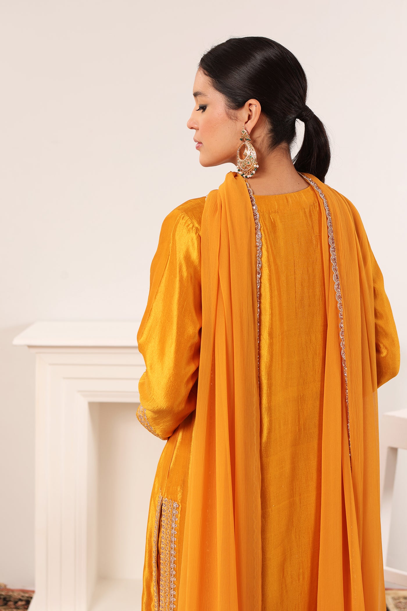 Mustard-Orange Embroidered Pure Silk Kurta-Pants Set