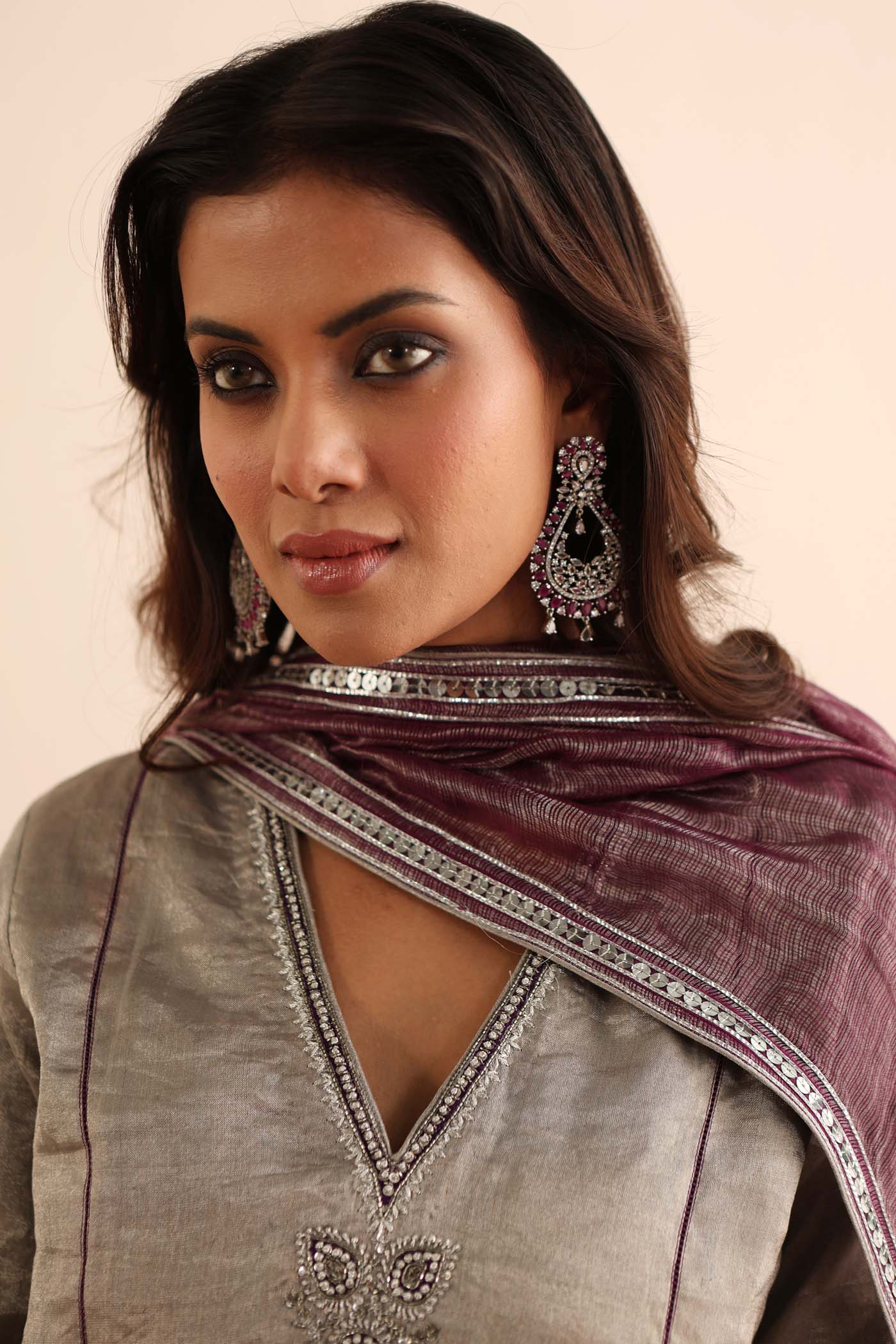 A Silver Handloom Pure Metallic-Silk (Silver Tissue) Hand-Embroidered Short-Kurta-Sharara Set With Purple Pure Kota-Silk Dupatta