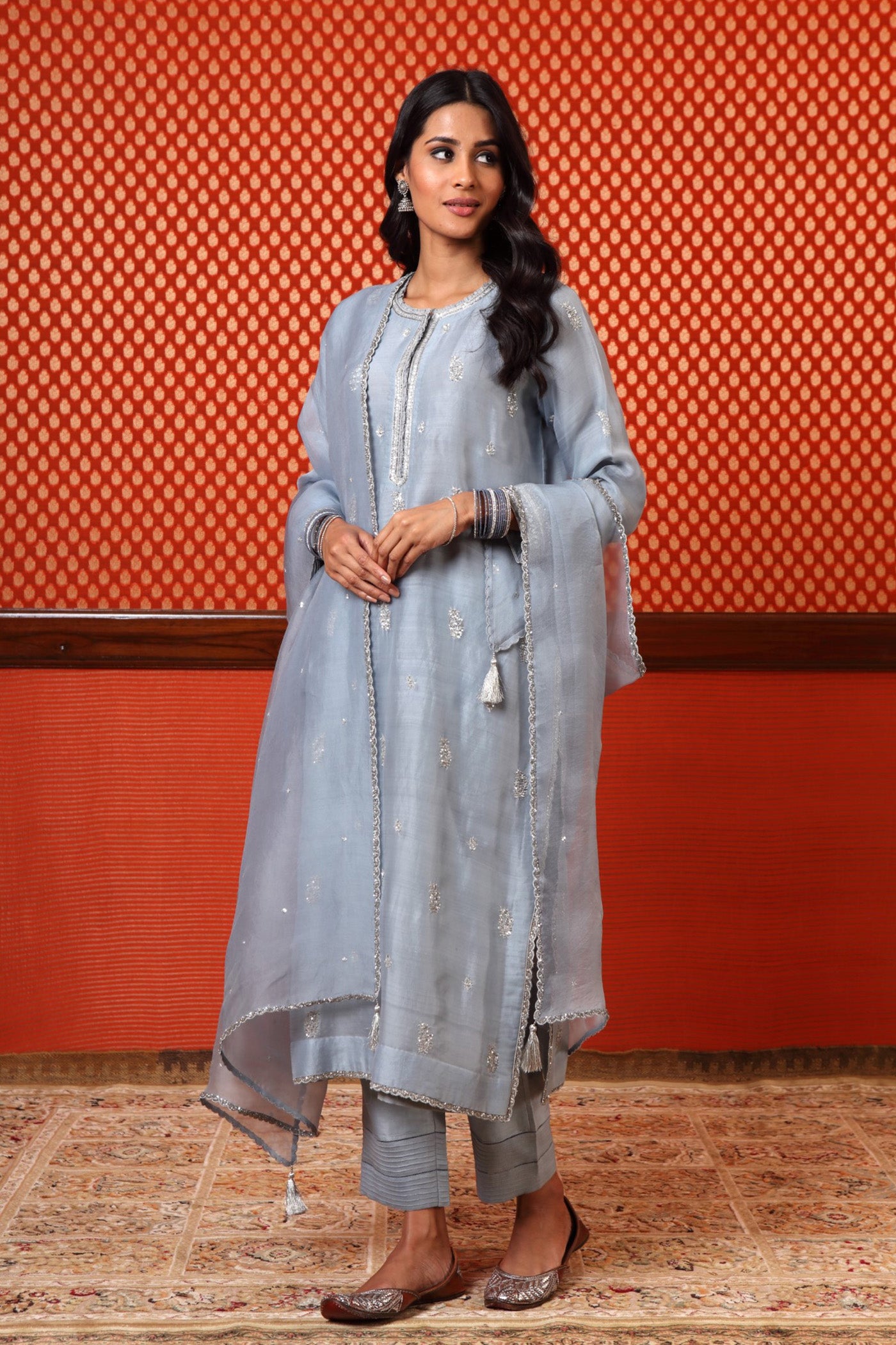 Hand Embroidered Stone Blue Pure Katan Silk Kurta Pants Set