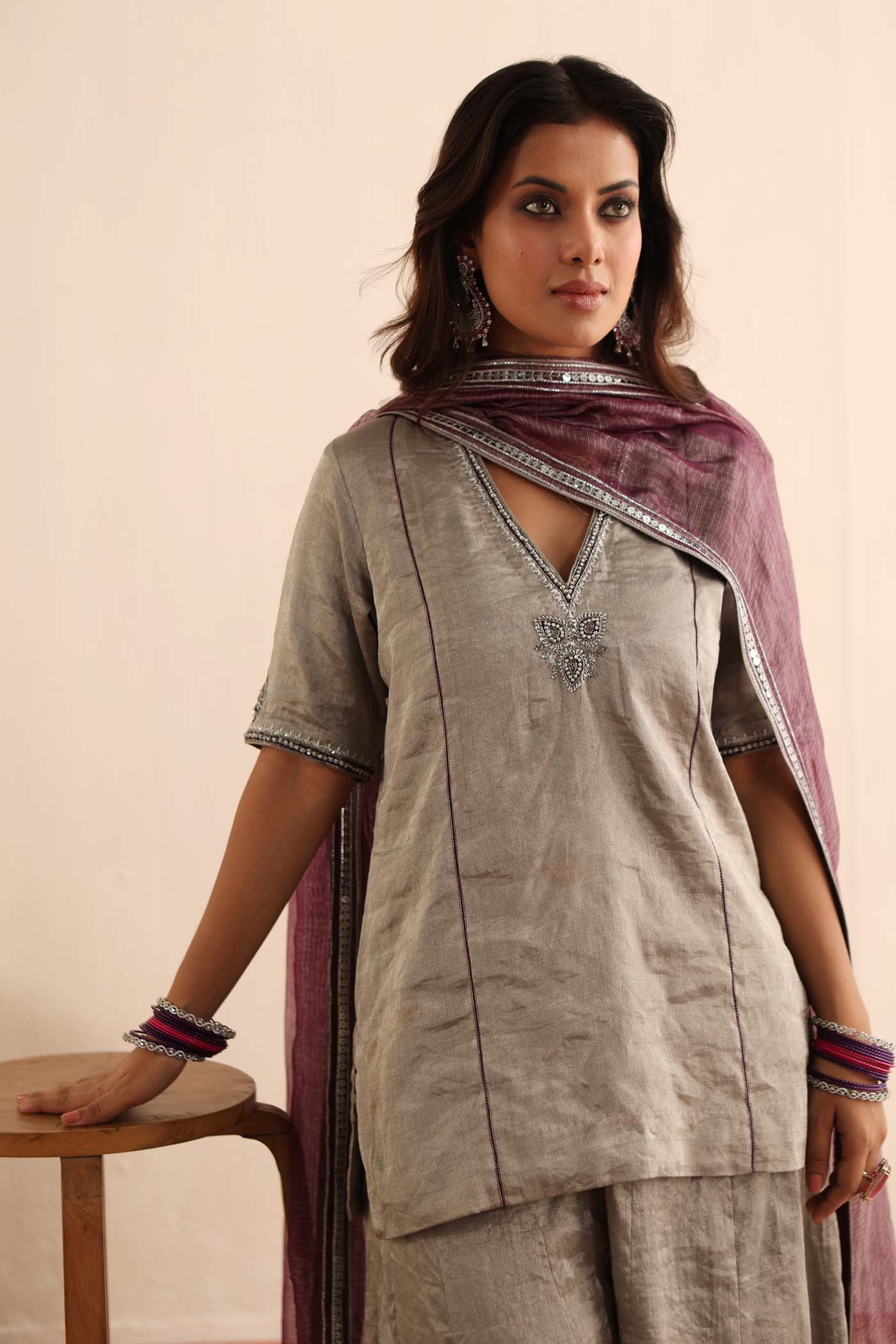 A Silver Handloom Pure Metallic-Silk (Silver Tissue) Hand-Embroidered Short-Kurta-Sharara Set With Purple Pure Kota-Silk Dupatta