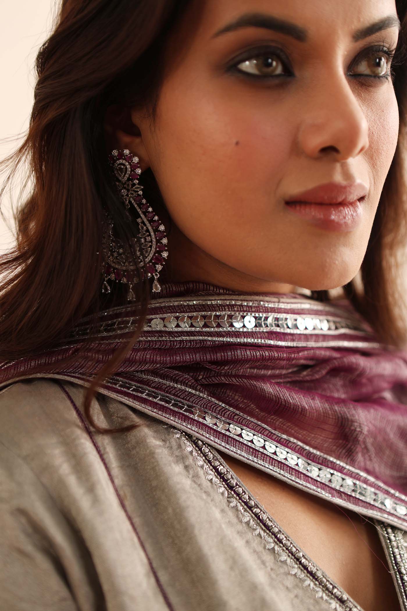 A Silver Handloom Pure Metallic-Silk (Silver Tissue) Hand-Embroidered Short-Kurta-Sharara Set With Purple Pure Kota-Silk Dupatta