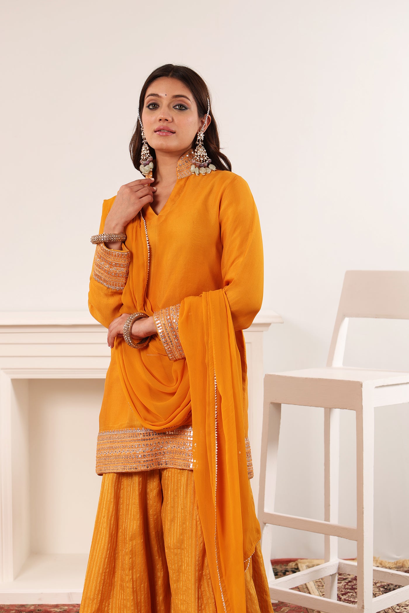 Mango-Yellow Embroidered Pure Silk-Organza Short-Kurta-Sharara Set Paired With Chiffon Dupatta