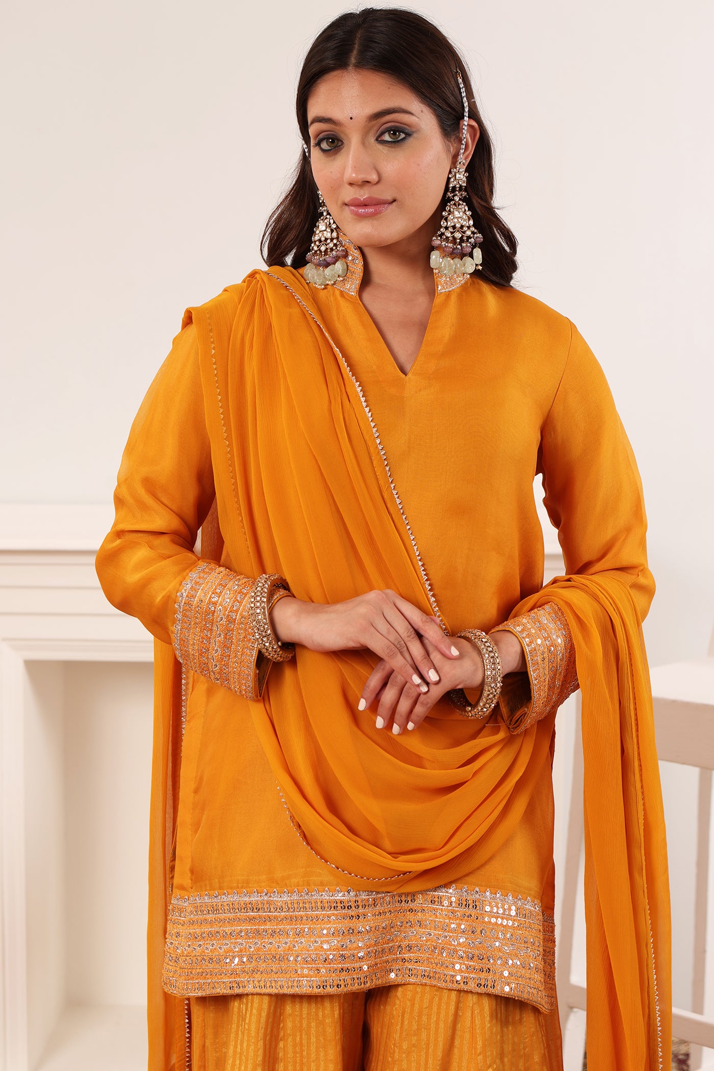 Mango-Yellow Embroidered Pure Silk-Organza Short-Kurta-Sharara Set Paired With Chiffon Dupatta