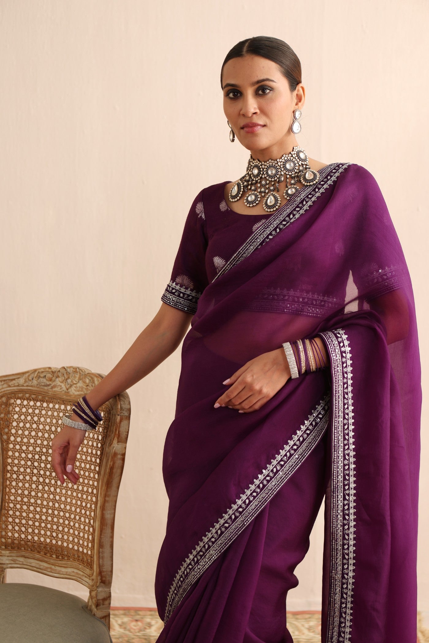Aubergine Embroidered Pure Silk-Organza Saree-Blouse Set