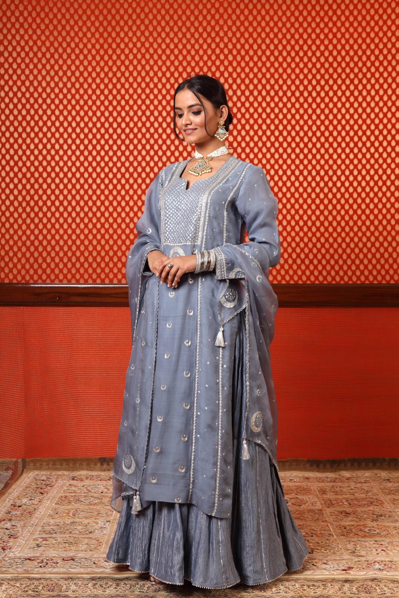 Hand Embroidered Shadow Blue Pure Katan Silk Chand Buta Kurta Sharara Set (A)