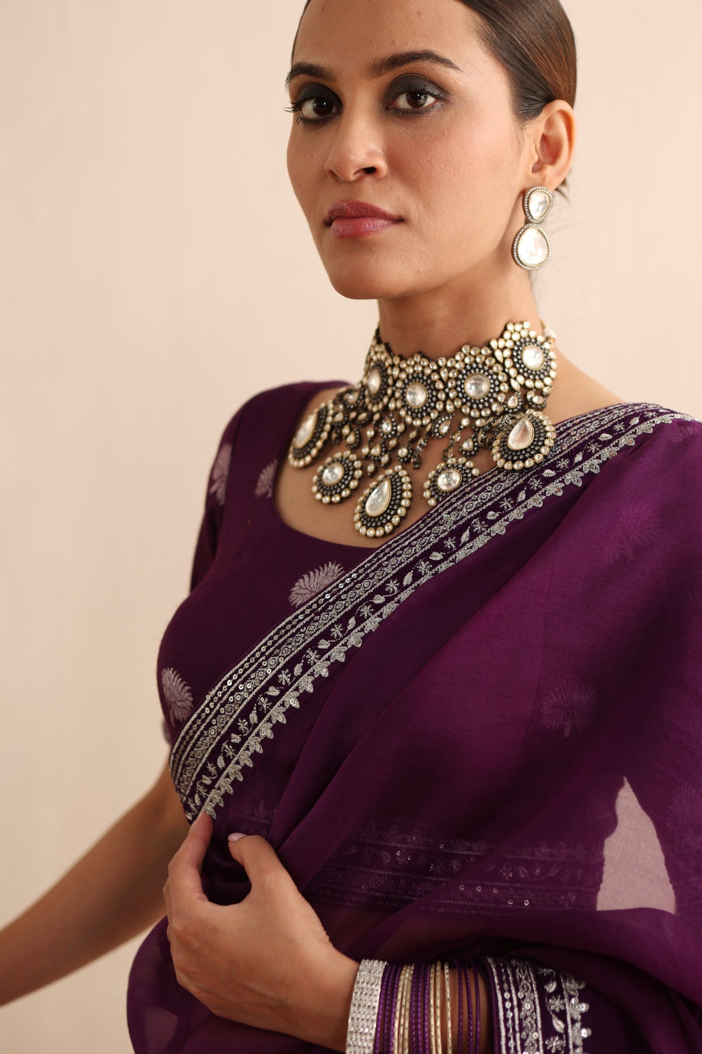 Aubergine Embroidered Pure Silk-Organza Saree-Blouse Set