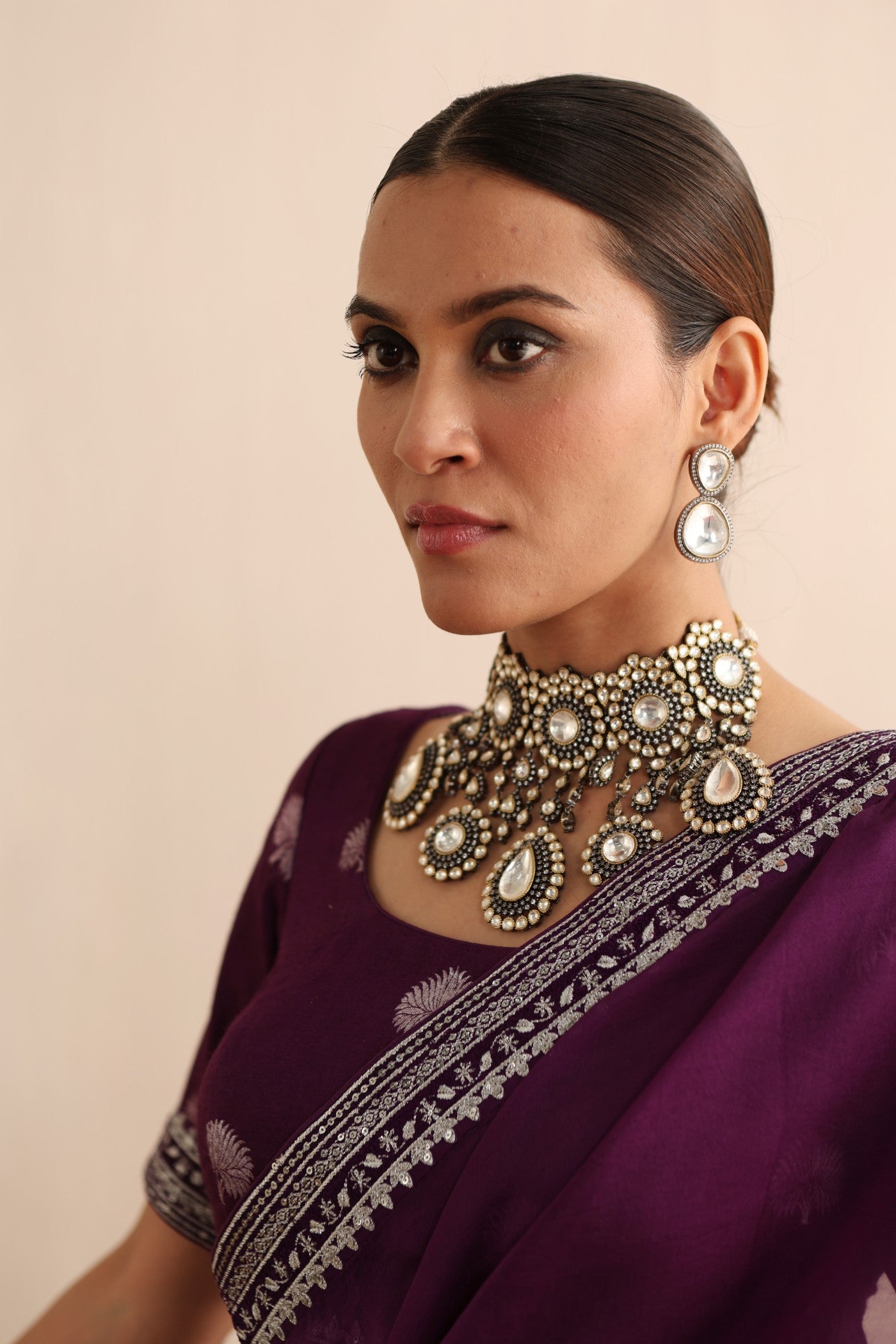Aubergine Embroidered Pure Silk-Organza Saree-Blouse Set