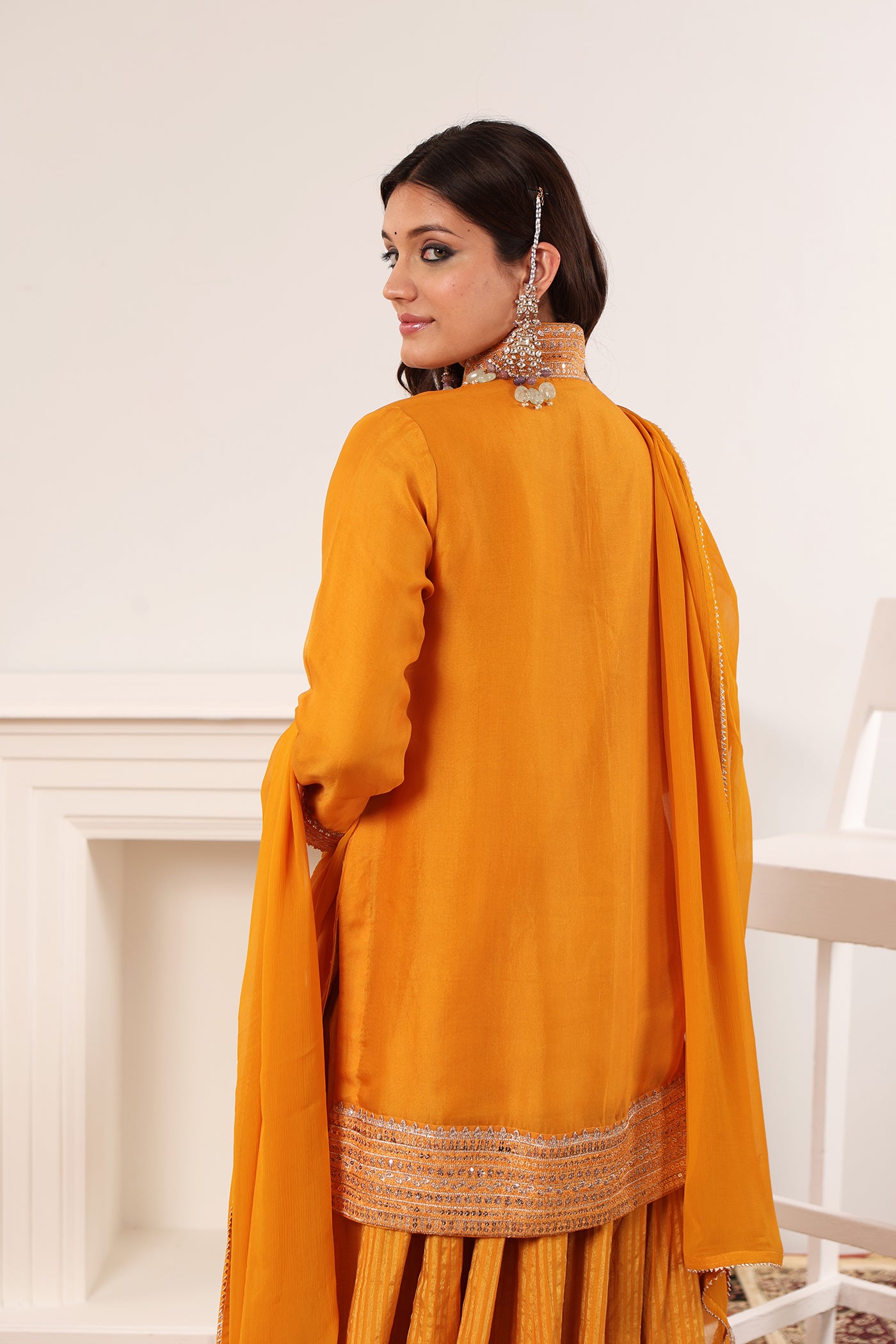 Mango-Yellow Embroidered Pure Silk-Organza Short-Kurta-Sharara Set Paired With Chiffon Dupatta