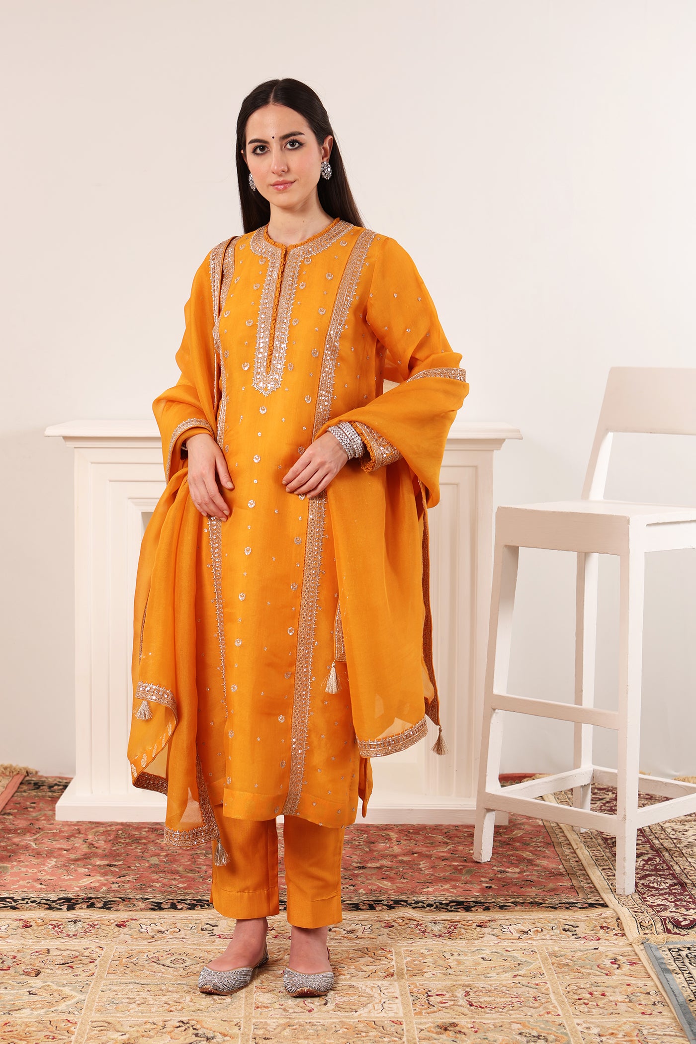 Mango-Yellow Hand-Embroidered Pure Silk-Organza Kurta-Pants Set
