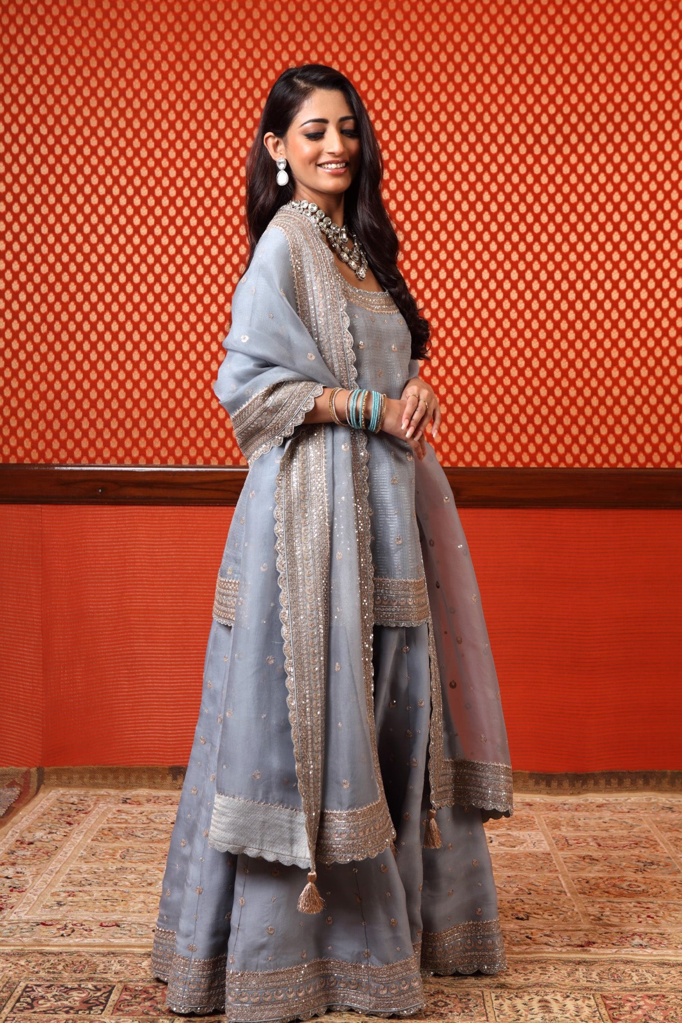 Hand Embroidered Dusty Sky Blue Pure Katan Silk Short Kurta Sharara Set