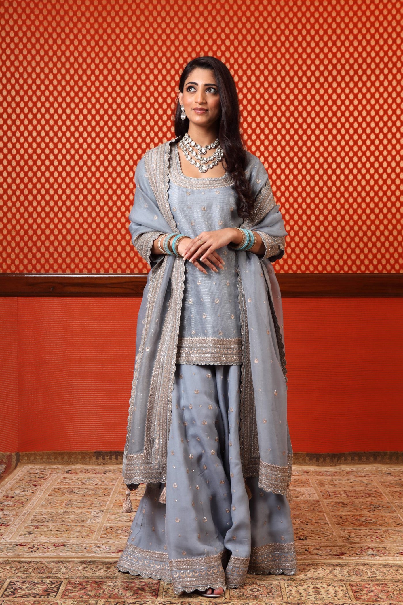 Hand Embroidered Dusty Sky Blue Pure Katan Silk Short Kurta Sharara Set