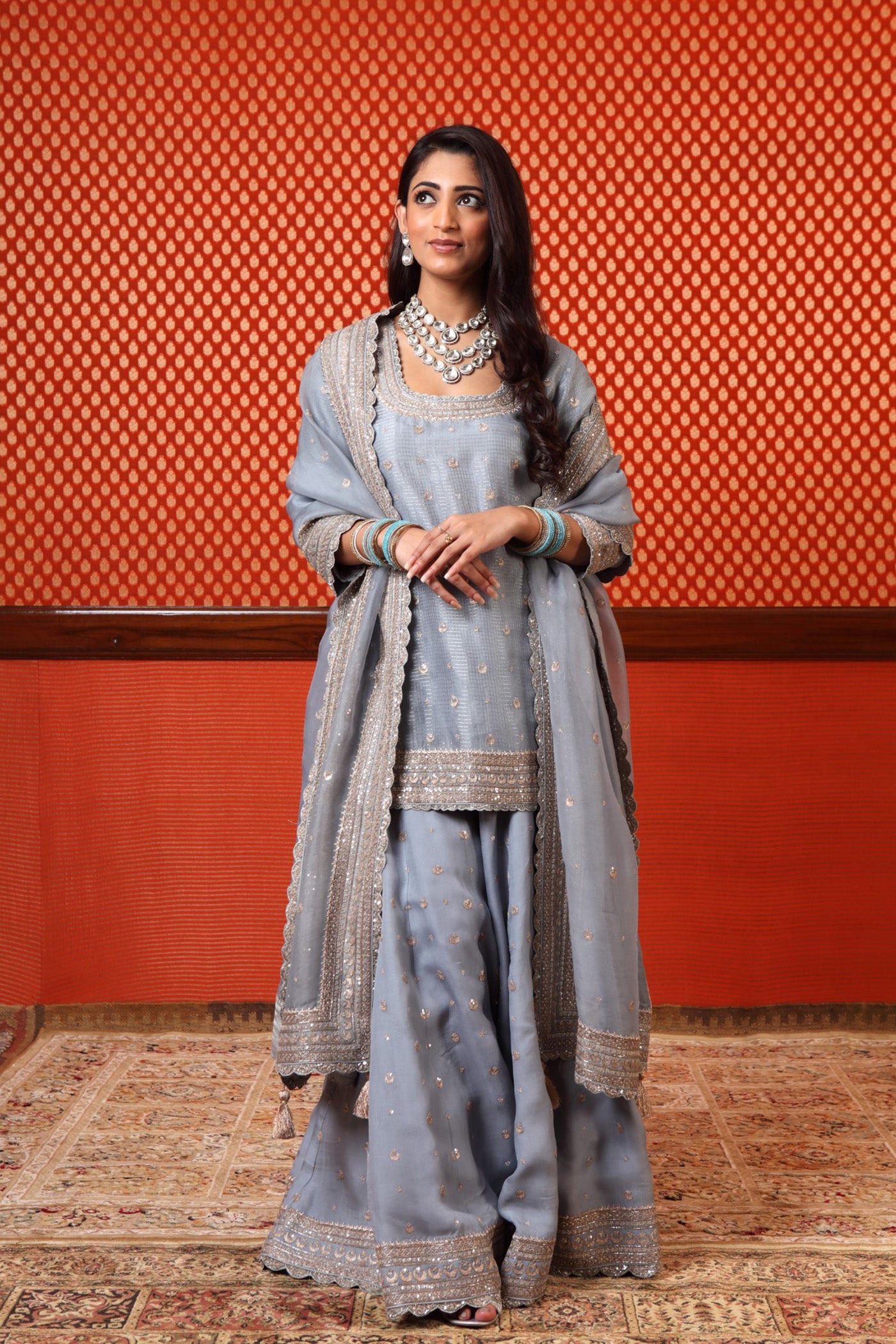 white christmas dresses Hand Embroidered Dusty Sky Blue Pure Katan Silk Short Kurta Sharara Se