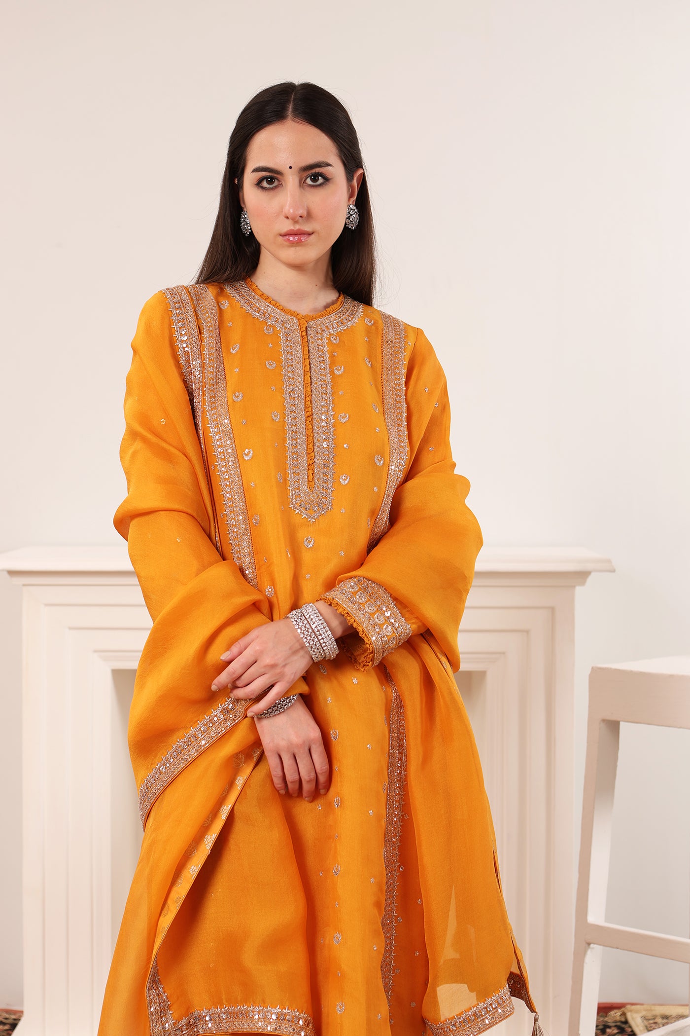 Mango-Yellow Hand-Embroidered Pure Silk-Organza Kurta-Pants Set