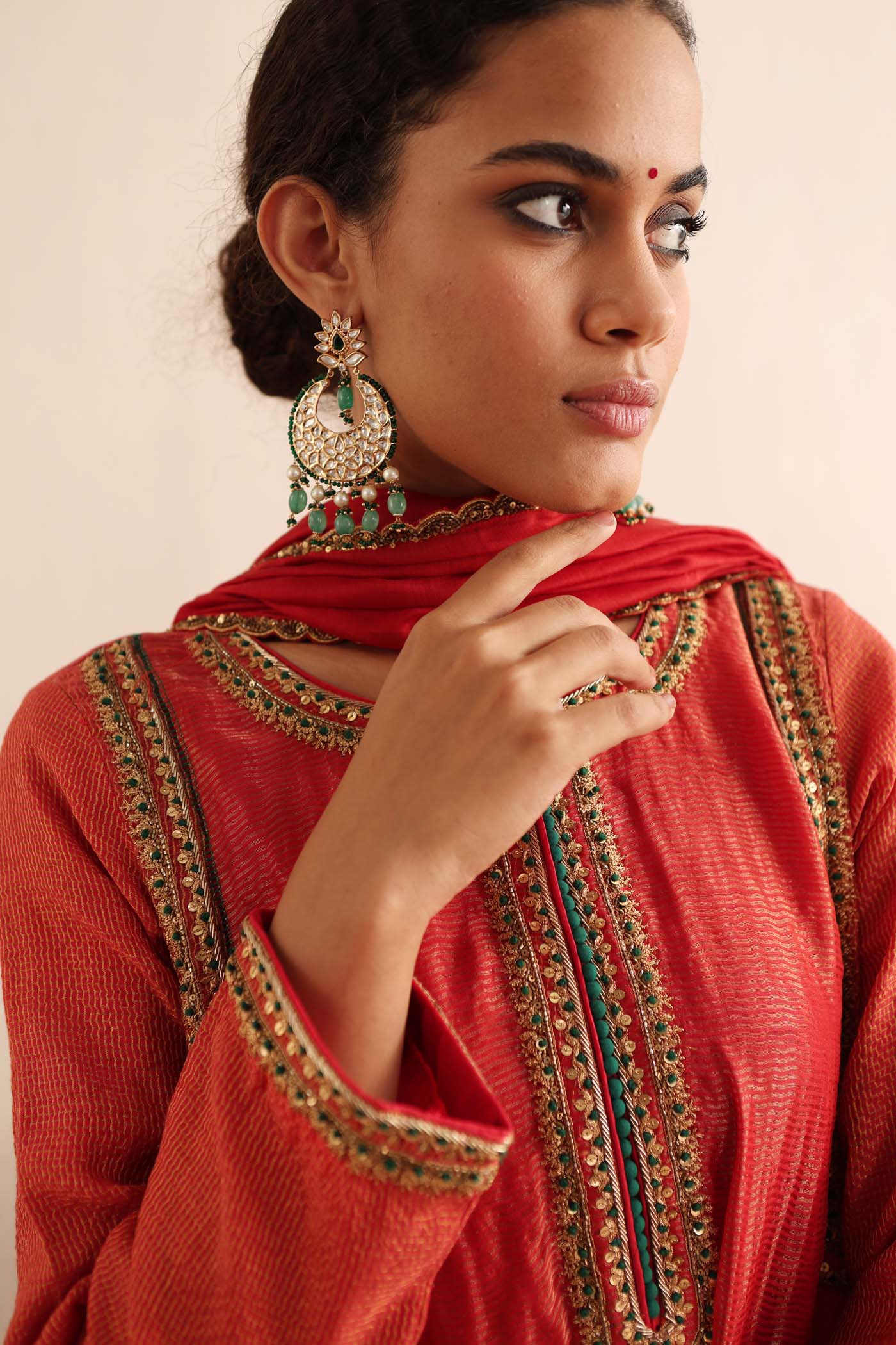 Tomato-Red Hand-Embroidered Handloom Pure Cotton-Silk (Stripes & Checks) Kurta-Pants Set