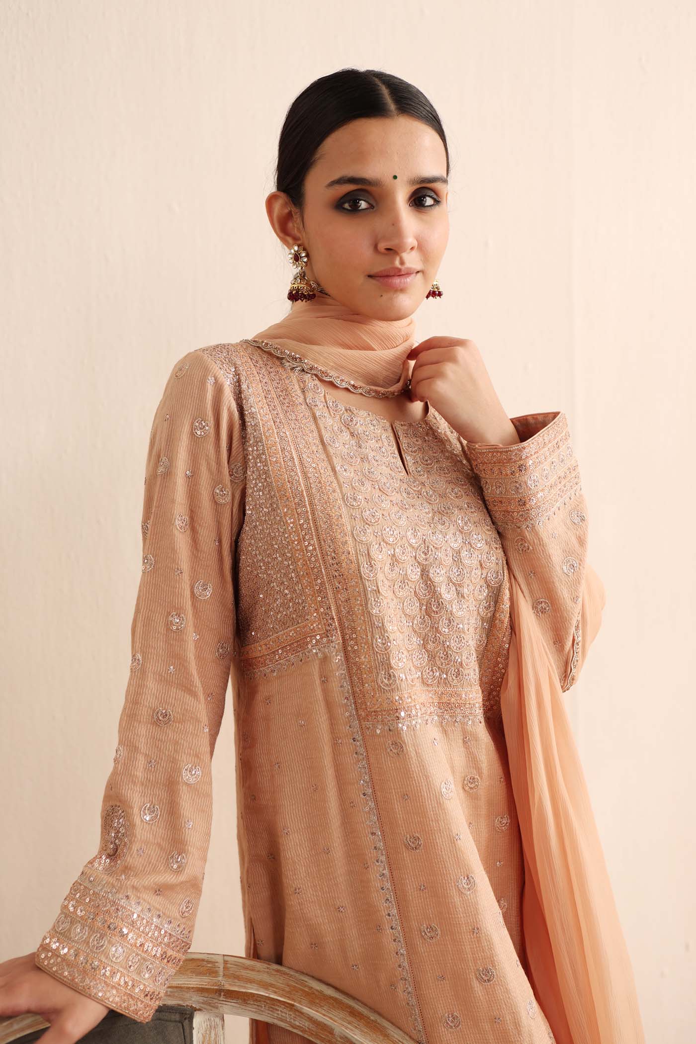Peach Embroidered (Chaand-Buta) Pure Handloom Silk-Cotton (Stripes & Checks) Kurta-Pants Set