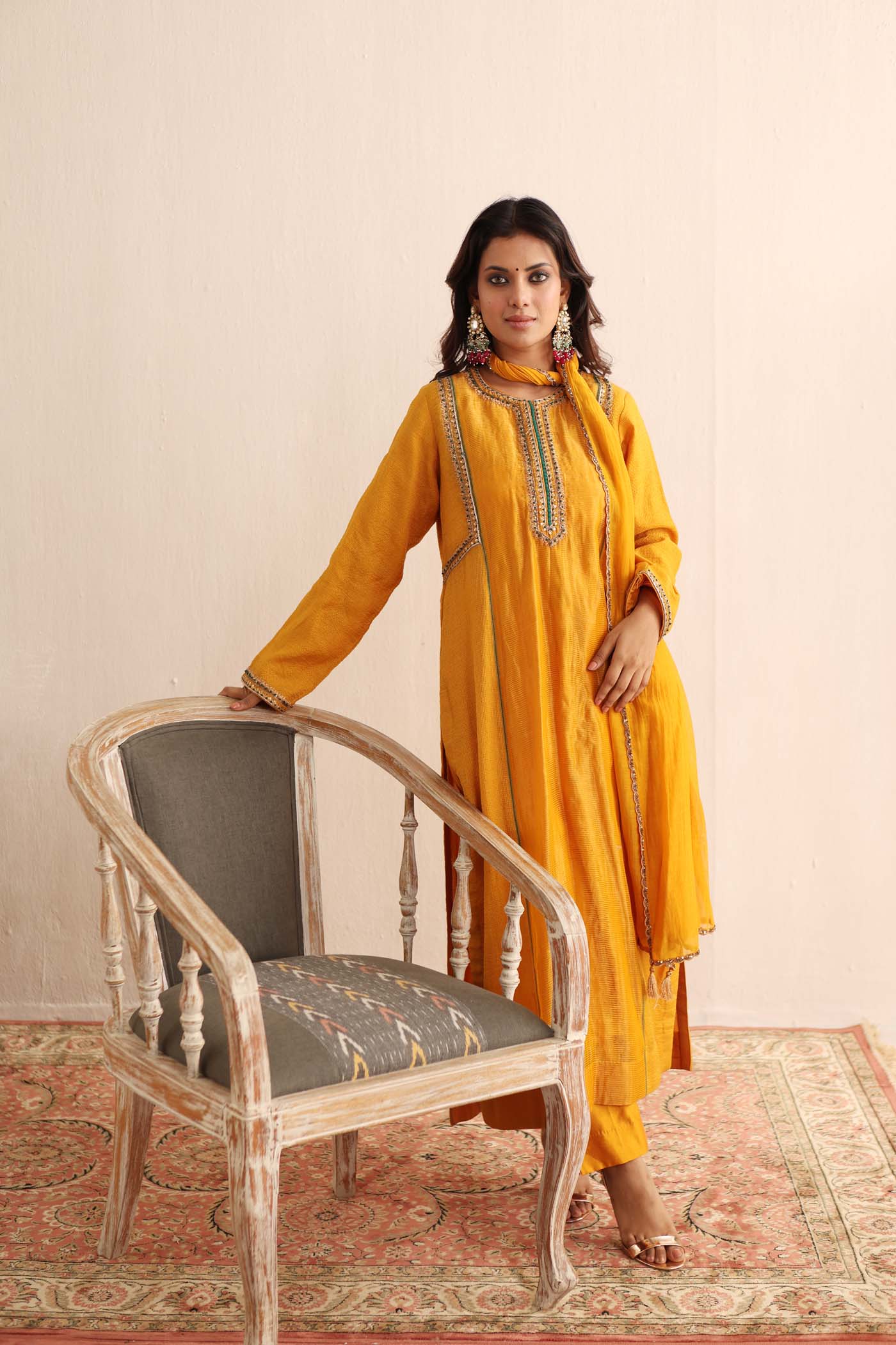 Mango-Yellow Hand-Embroidered Handloom Pure Cotton-Silk (Stripes & Checks) Kurta-Pants Set