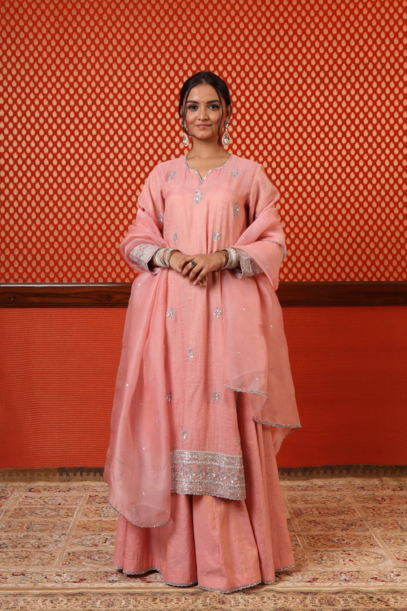 Hand Embroidered Coral Almond (Pink) Pure Silk Cotton Kurta Sharara Set