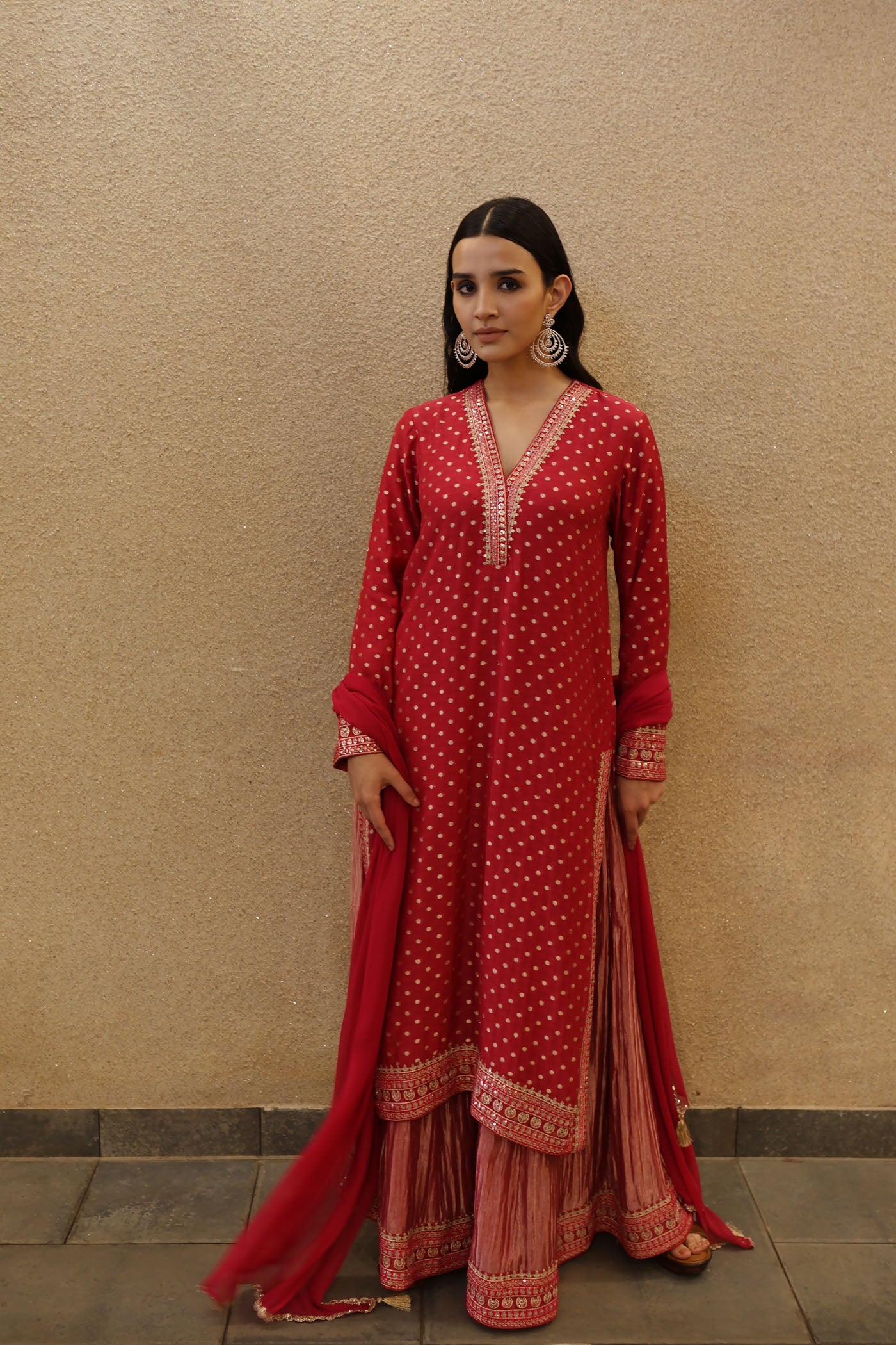 Rani-Pink Embroidered Pure Silk-Cotton (With Metallic Polka Dots) Kurta Paired With Pure Silk Tissue Sharara Dupatta Set