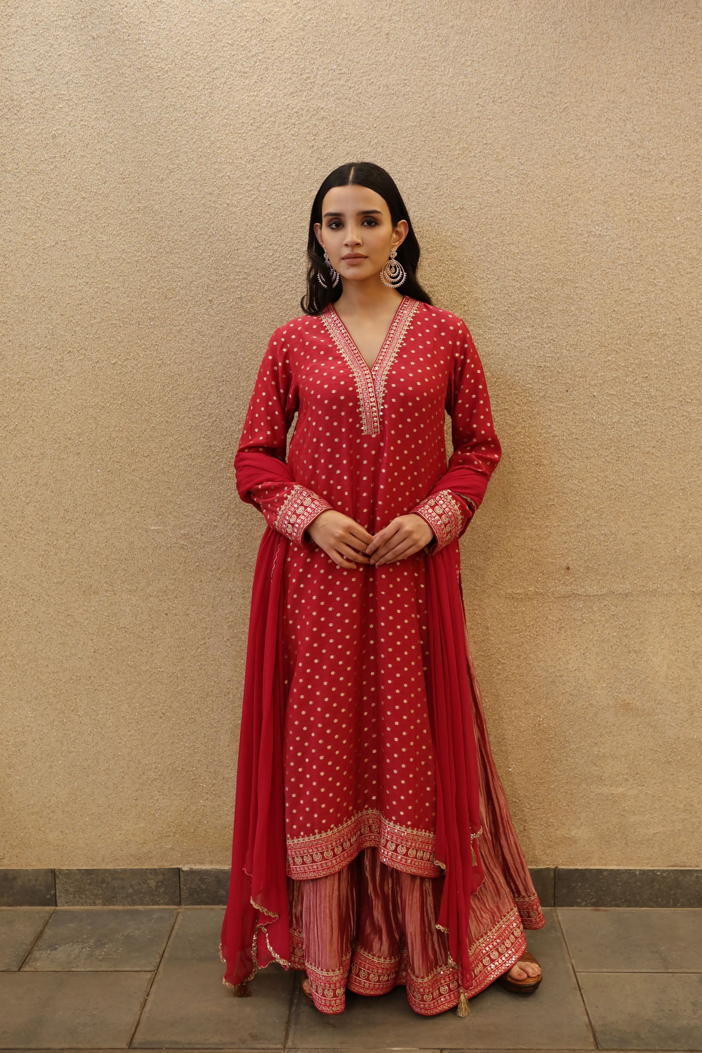 Rani-Pink Embroidered Pure Silk-Cotton (With Metallic Polka Dots) Kurta Paired With Pure Silk Tissue Sharara Dupatta Set