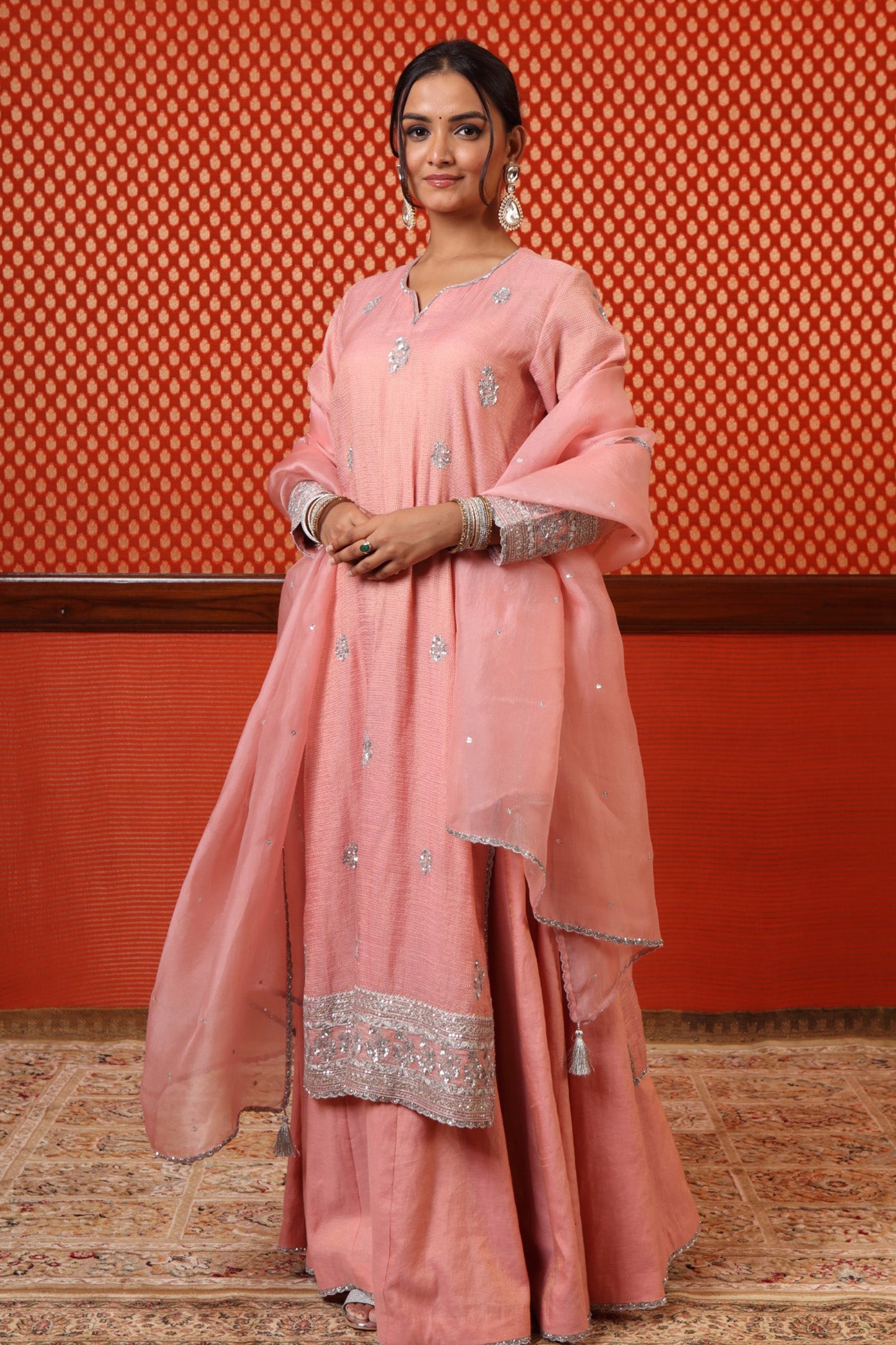 Hand Embroidered Coral Almond (Pink) Pure Silk Cotton Kurta Sharara Set
