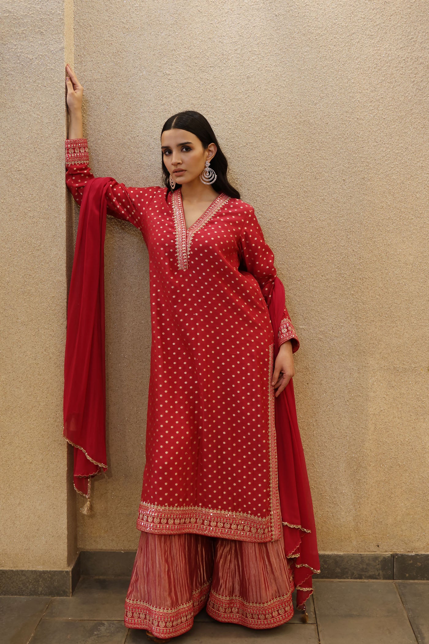 Rani-Pink Embroidered Pure Silk-Cotton (With Metallic Polka Dots) Kurta Paired With Pure Silk Tissue Sharara Dupatta Set