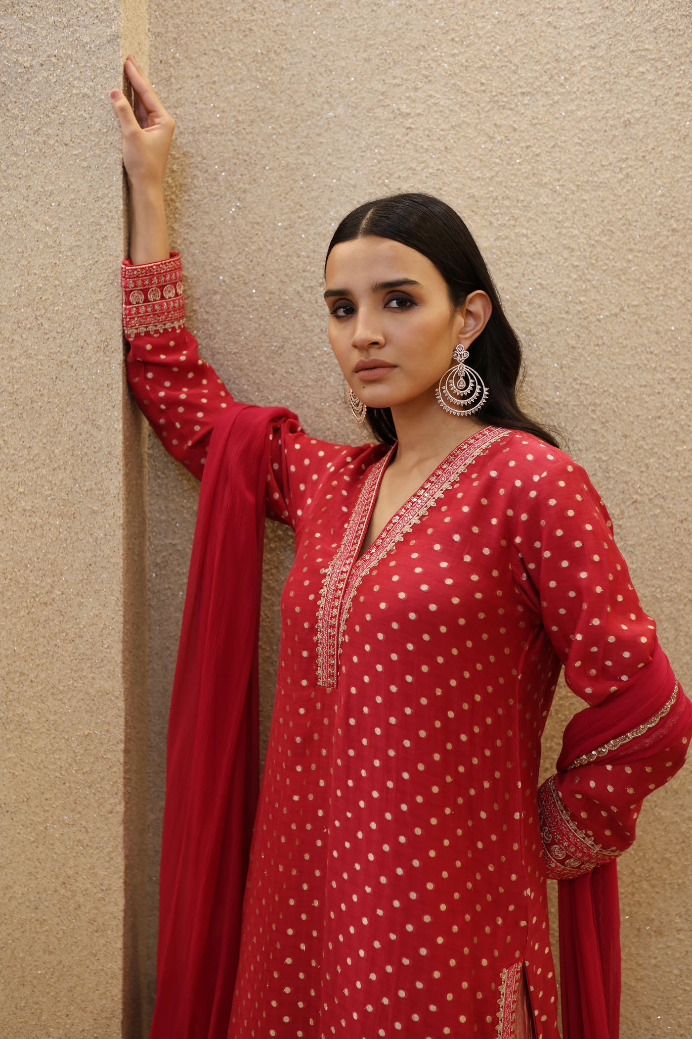 Rani-Pink Embroidered Pure Silk-Cotton (With Metallic Polka Dots) Kurta Paired With Pure Silk Tissue Sharara Dupatta Set
