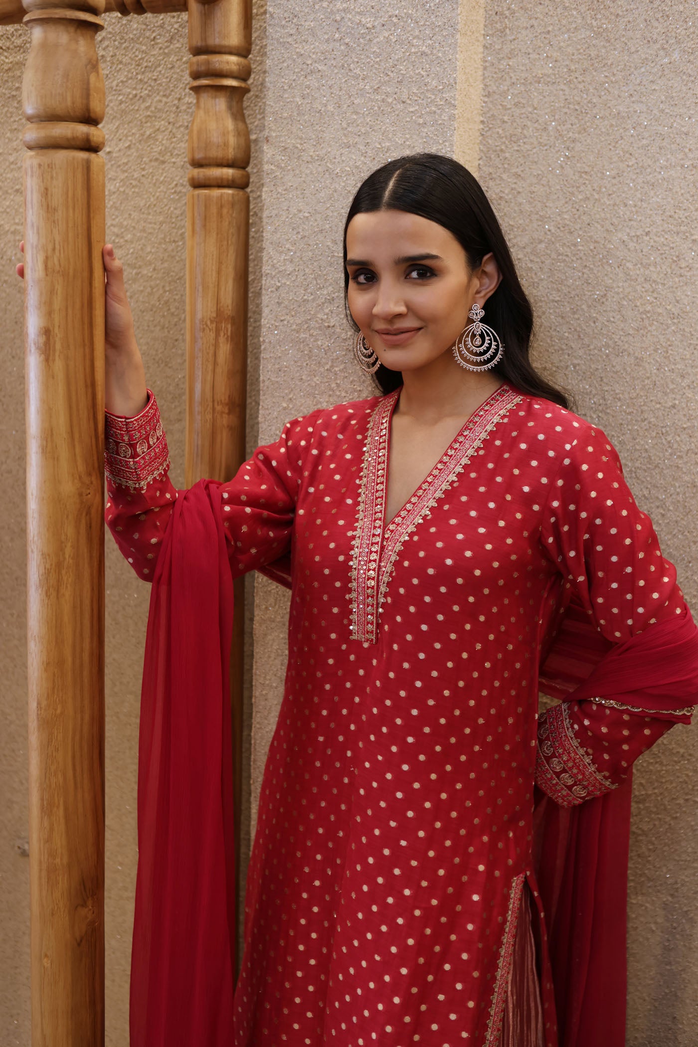 Rani-Pink Embroidered Pure Silk-Cotton (With Metallic Polka Dots) Kurta Paired With Pure Silk Tissue Sharara Dupatta Set