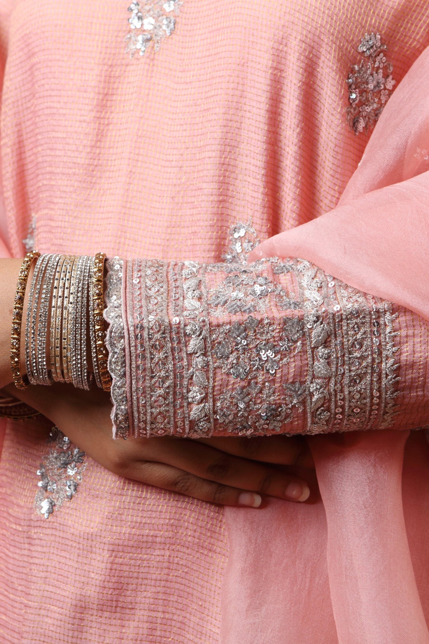 Hand Embroidered Coral Almond (Pink) Pure Silk Cotton Kurta Sharara Set