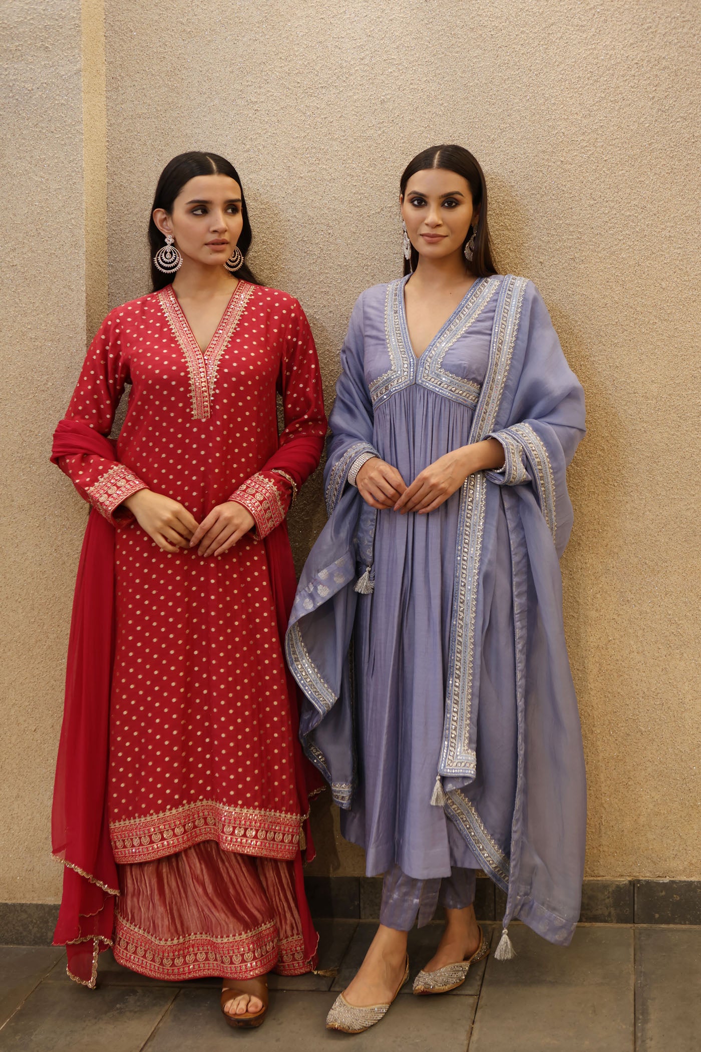 Rani-Pink Embroidered Pure Silk-Cotton (With Metallic Polka Dots) Kurta Paired With Pure Silk Tissue Sharara Dupatta Set