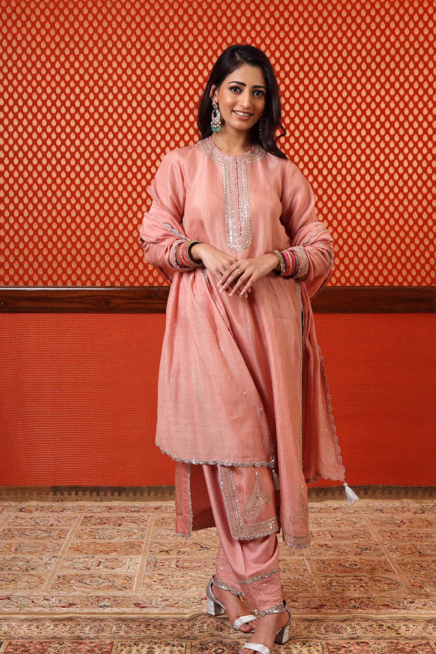 Hand Embroidered Dusty Peach Bud Pure Katan Silk Kurta Salwar Set