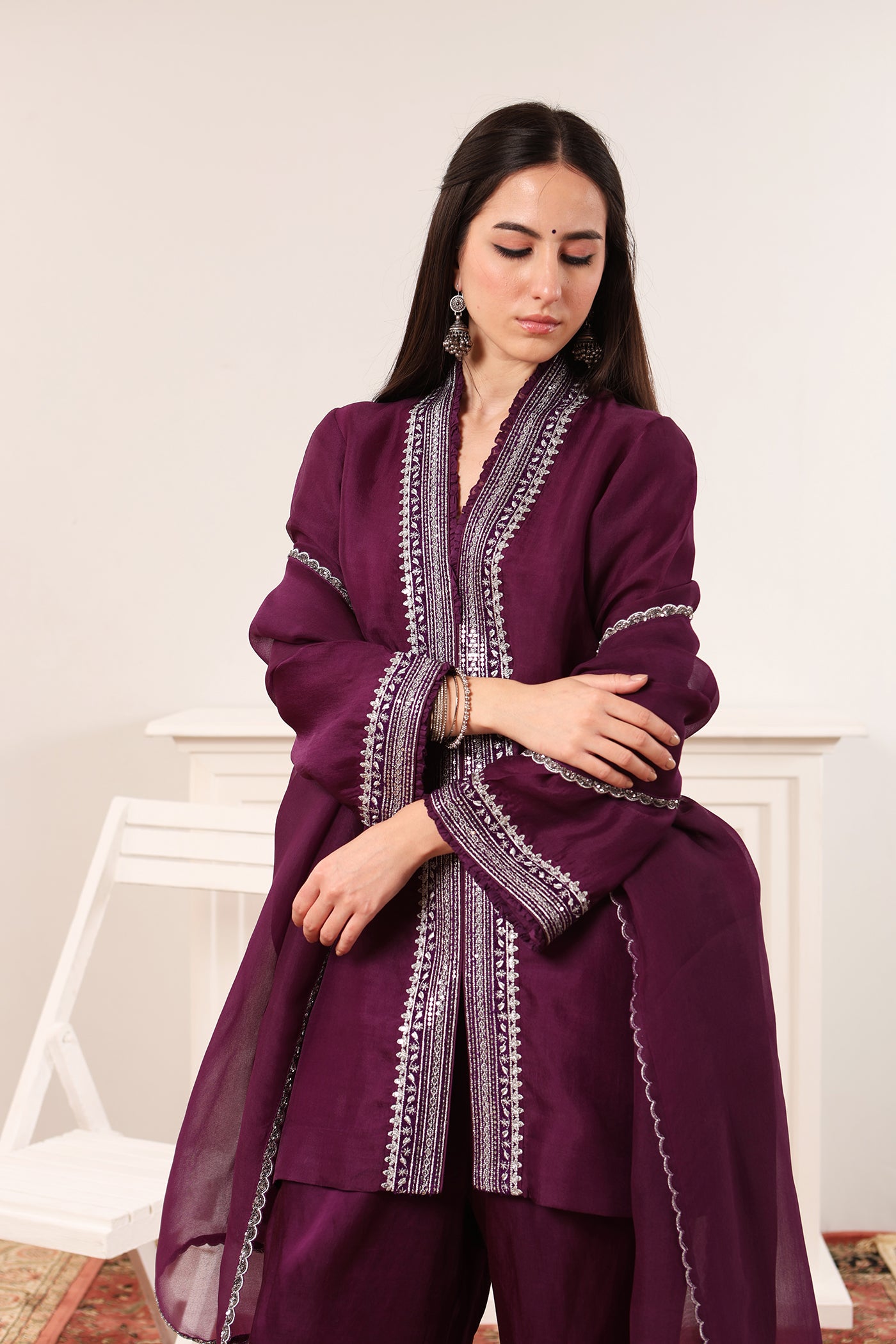 Aubergine Embroidered Pure Silk-Organza Short Kurta-Flared Pants Set